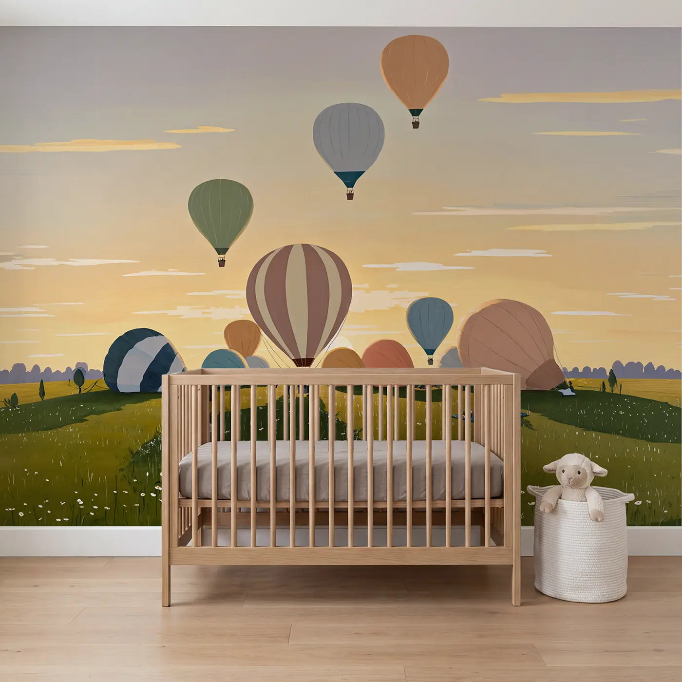 Modern Illustration dawn balloon festival wallpaper mural for nursery by Whimsy Tots