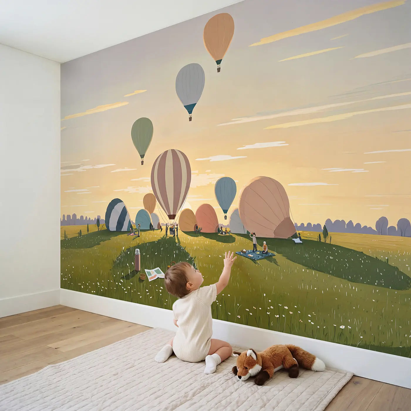 Child in nursery with Dawn Balloon Festival Wallpaper Mural by Whimsy Tots
