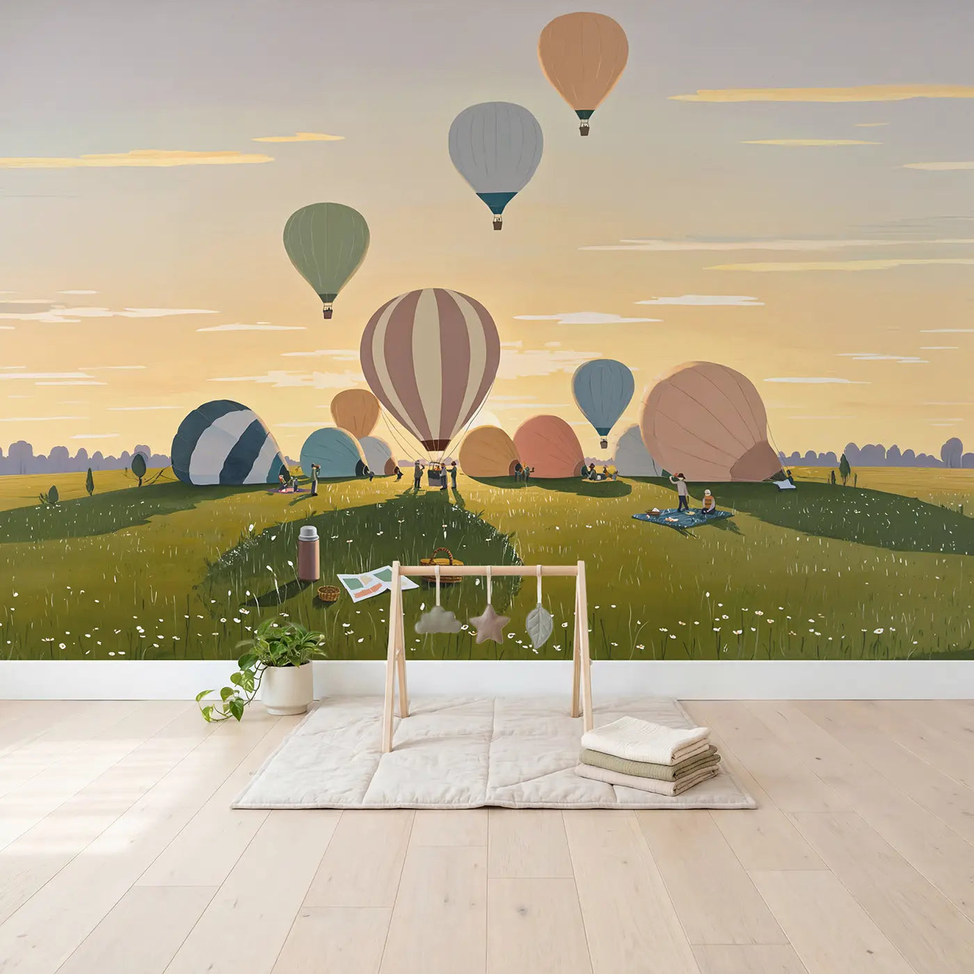 Dawn Balloon Festival Wallpaper Mural in playroom setting by Whimsy Tots