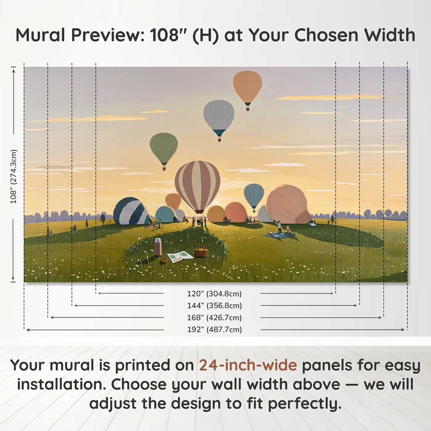 Panel layout and dimensions for Dawn Balloon Festival Wallpaper Mural by Whimsy Tots