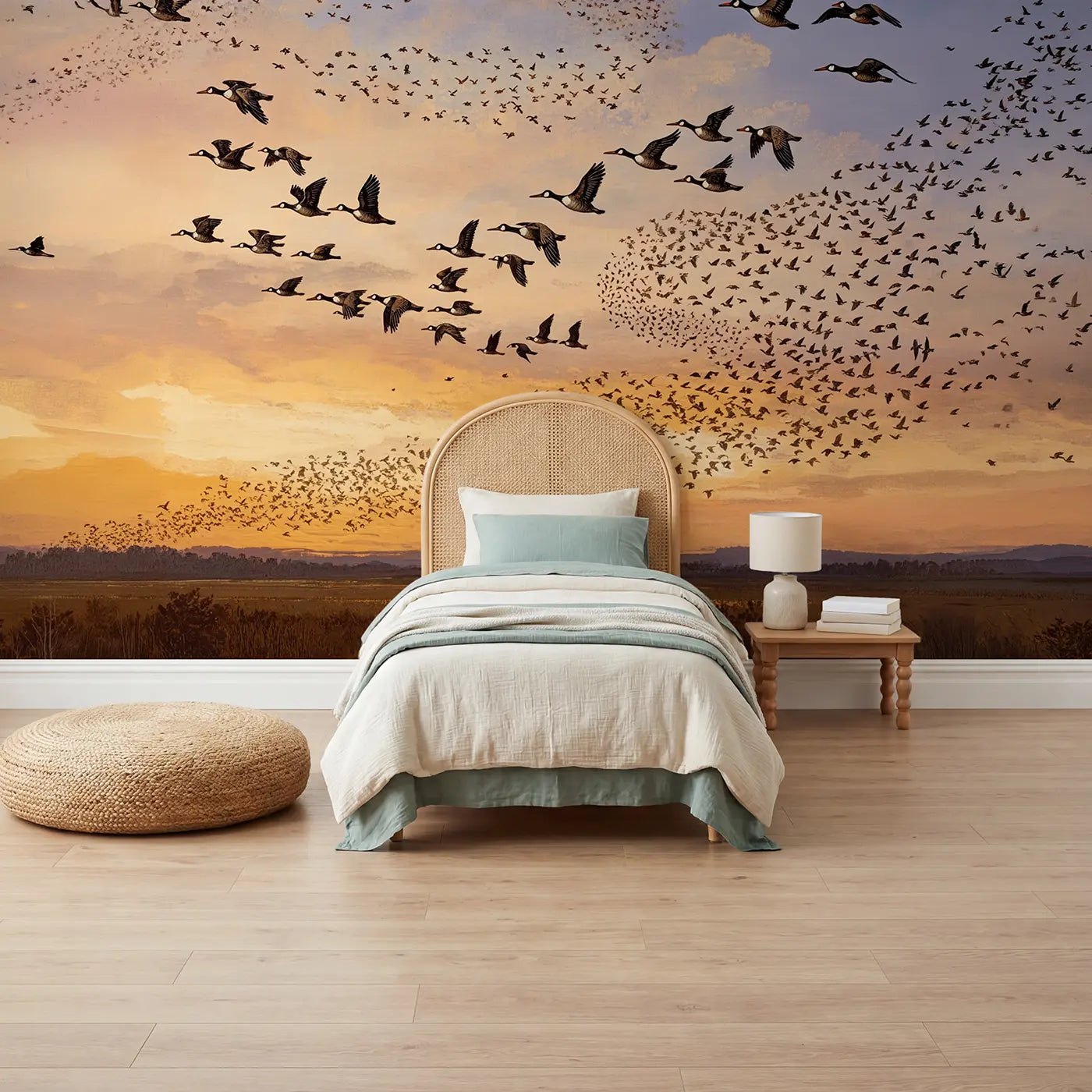 block print bird migration evening sky mural for kids room by Whimsy Tots