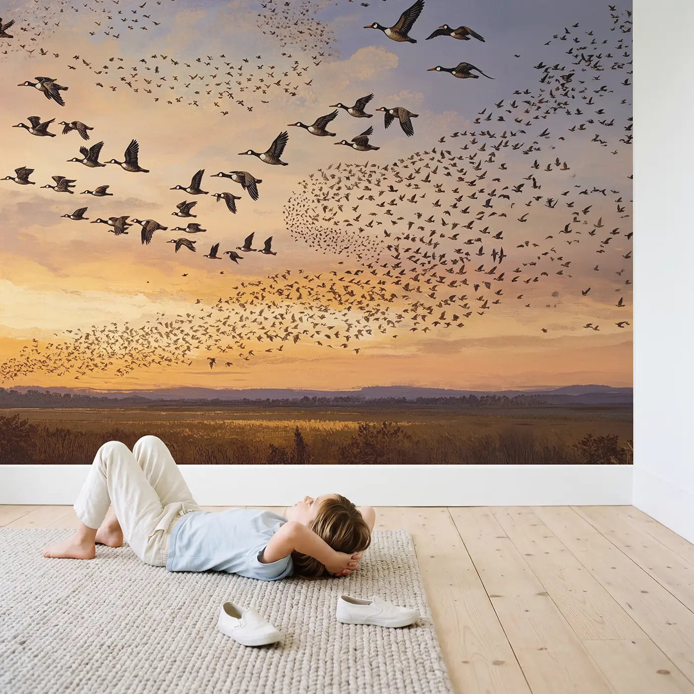 Child in nursery with Autumn Bird Migration Evening Sky Wallpaper Mural by Whimsy Tots