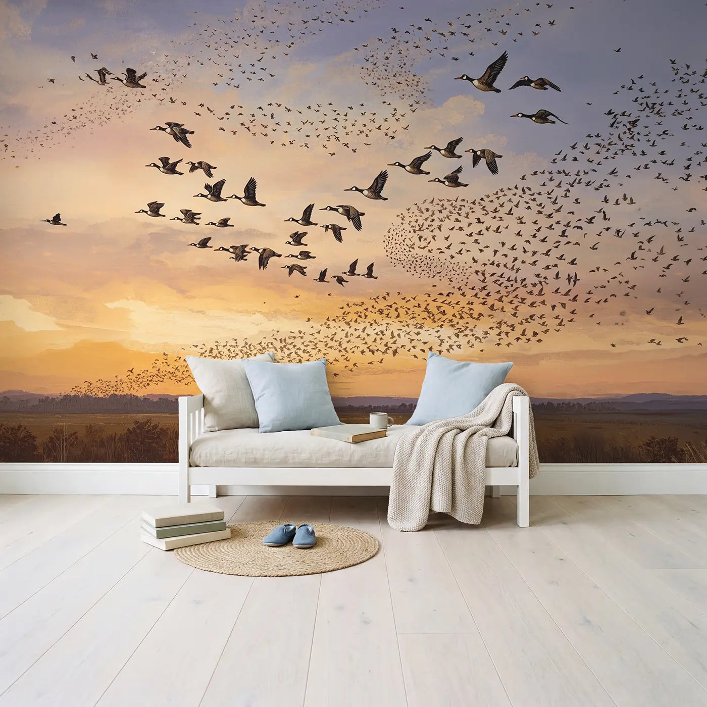 Autumn Bird Migration Evening Sky Wallpaper Mural in playroom setting by Whimsy Tots