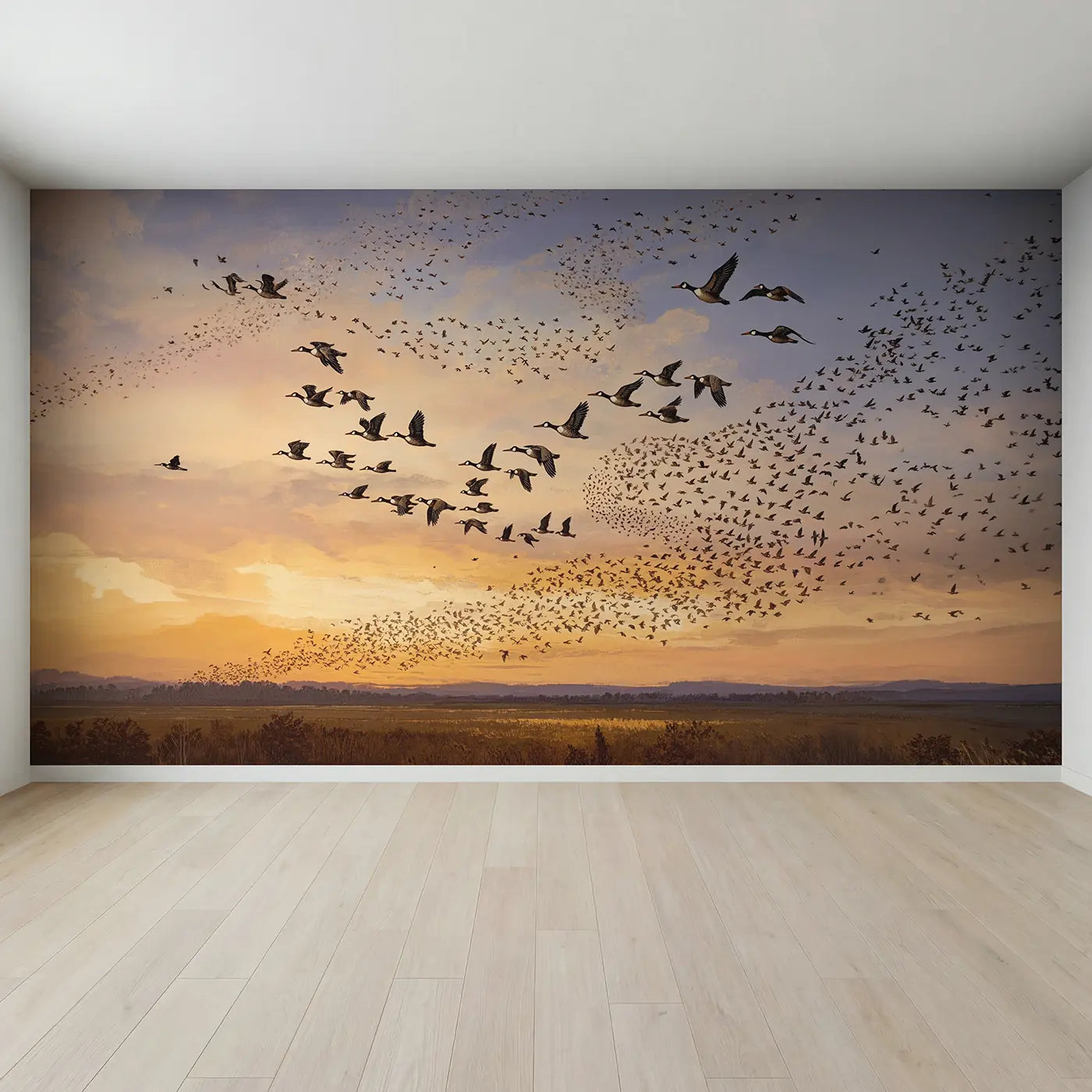 Full view of Autumn Bird Migration Evening Sky Wallpaper Mural by Whimsy Tots