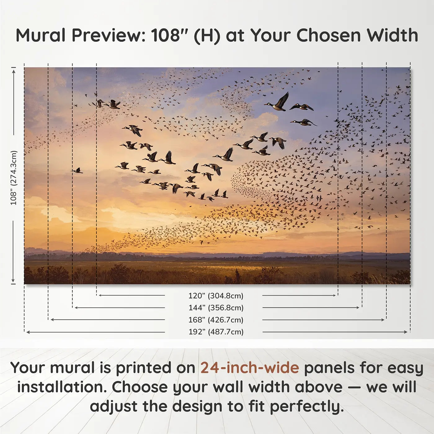 Panel layout and dimensions for Autumn Bird Migration Evening Sky Wallpaper Mural by Whimsy Tots