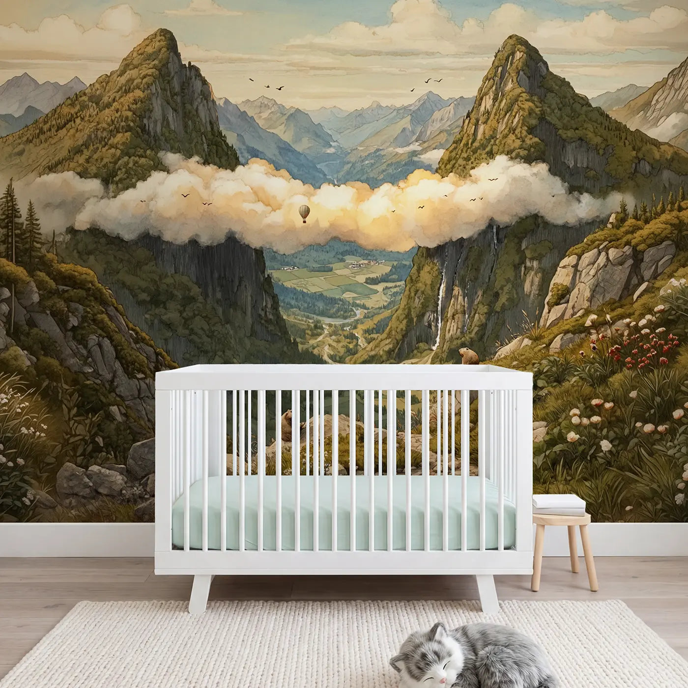 Storybook cloud bridge mountain peaks balloon wallpaper mural for girls room by Whimsy Tots