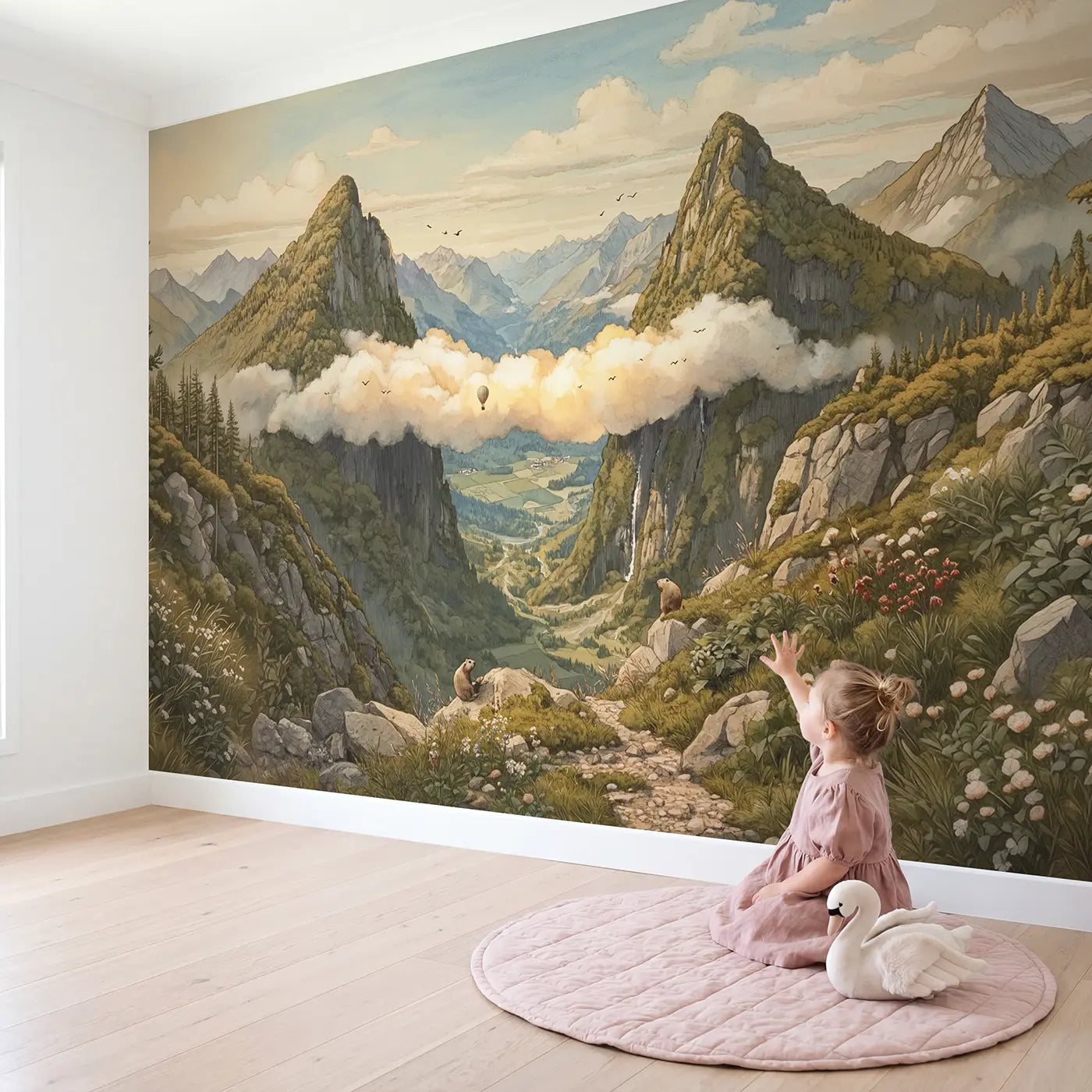 Child in nursery with Cloud Bridge Mountain Peaks Wallpaper Mural by Whimsy Tots