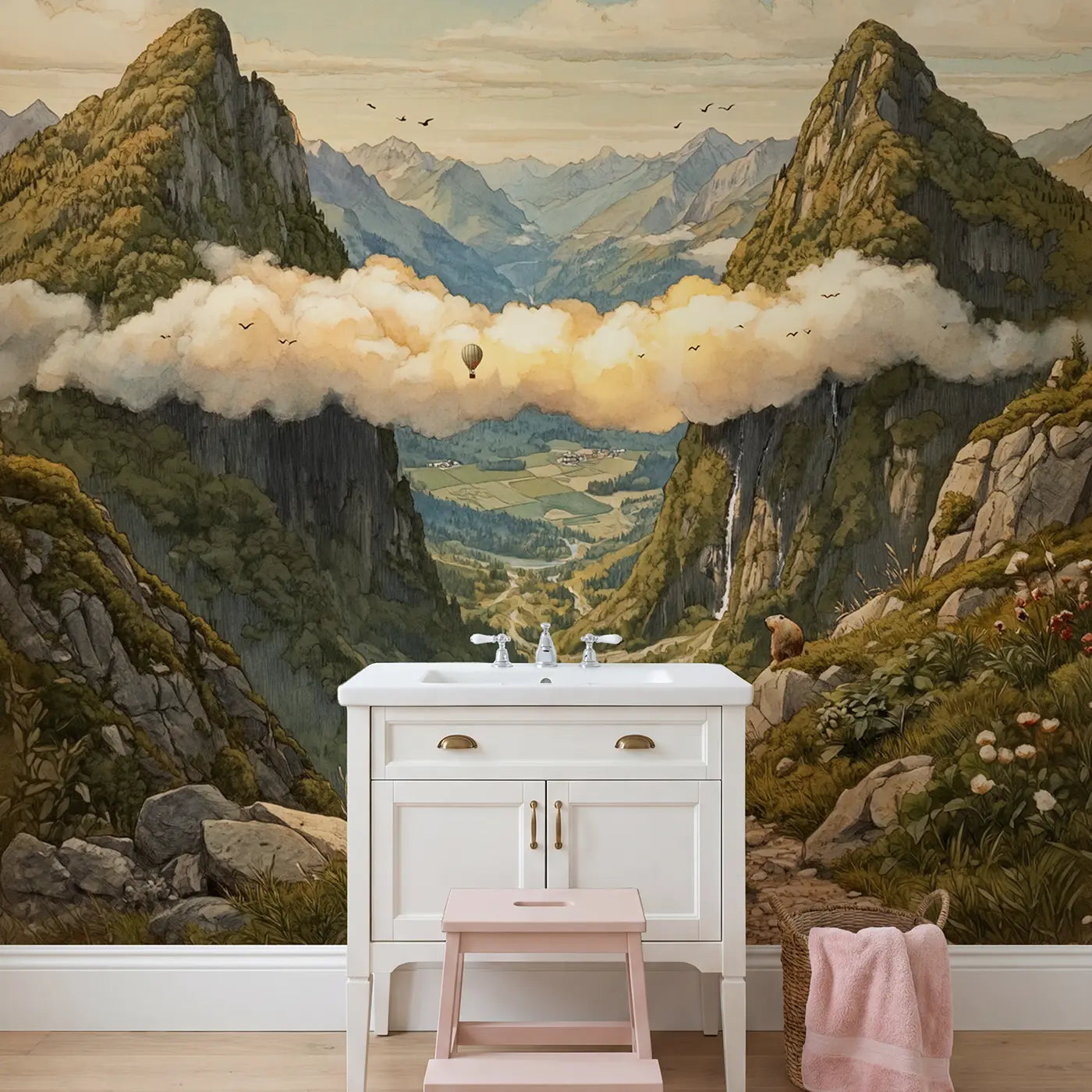 Cloud Bridge Mountain Peaks Wallpaper Mural in playroom setting by Whimsy Tots