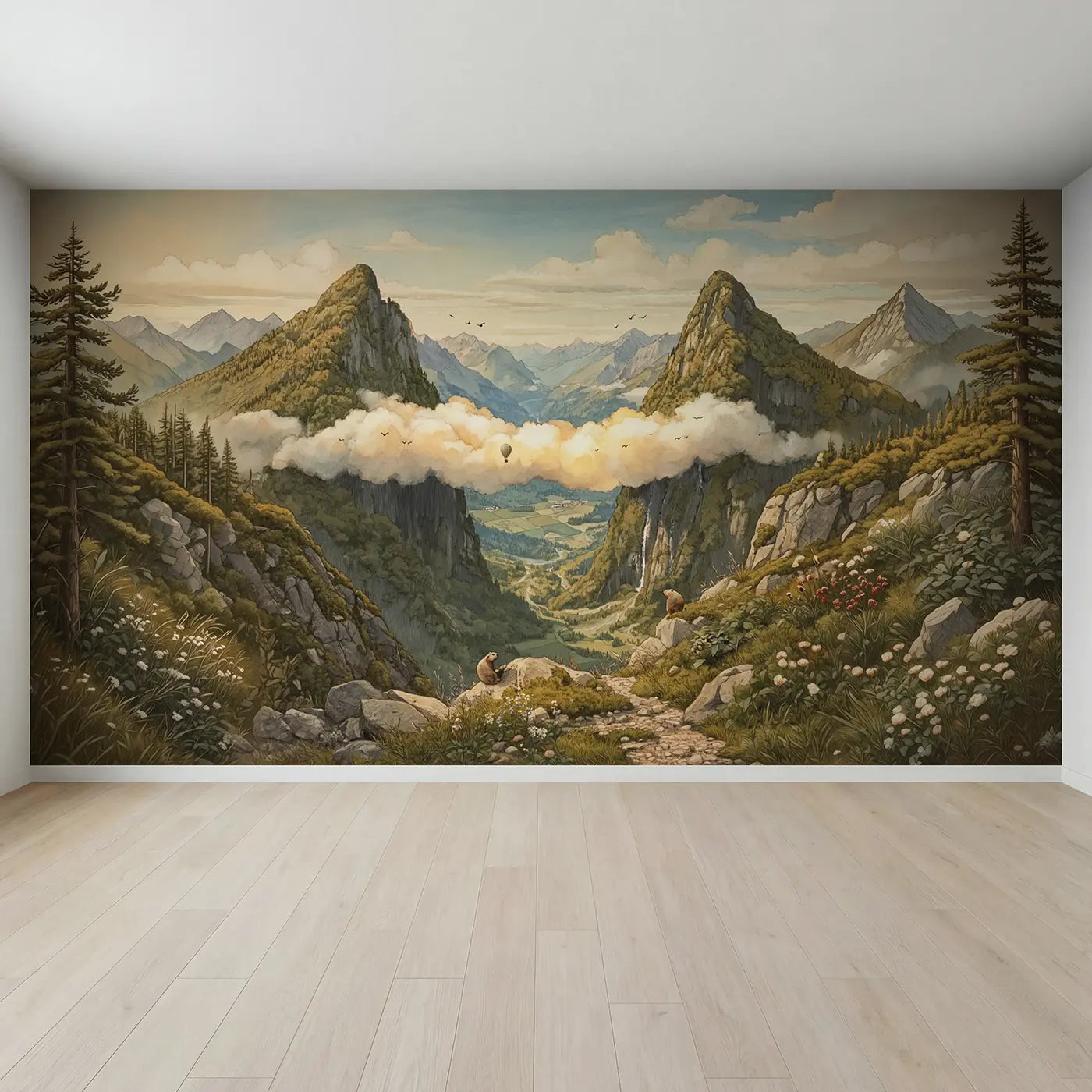 Full view of Cloud Bridge Mountain Peaks Wallpaper Mural by Whimsy Tots
