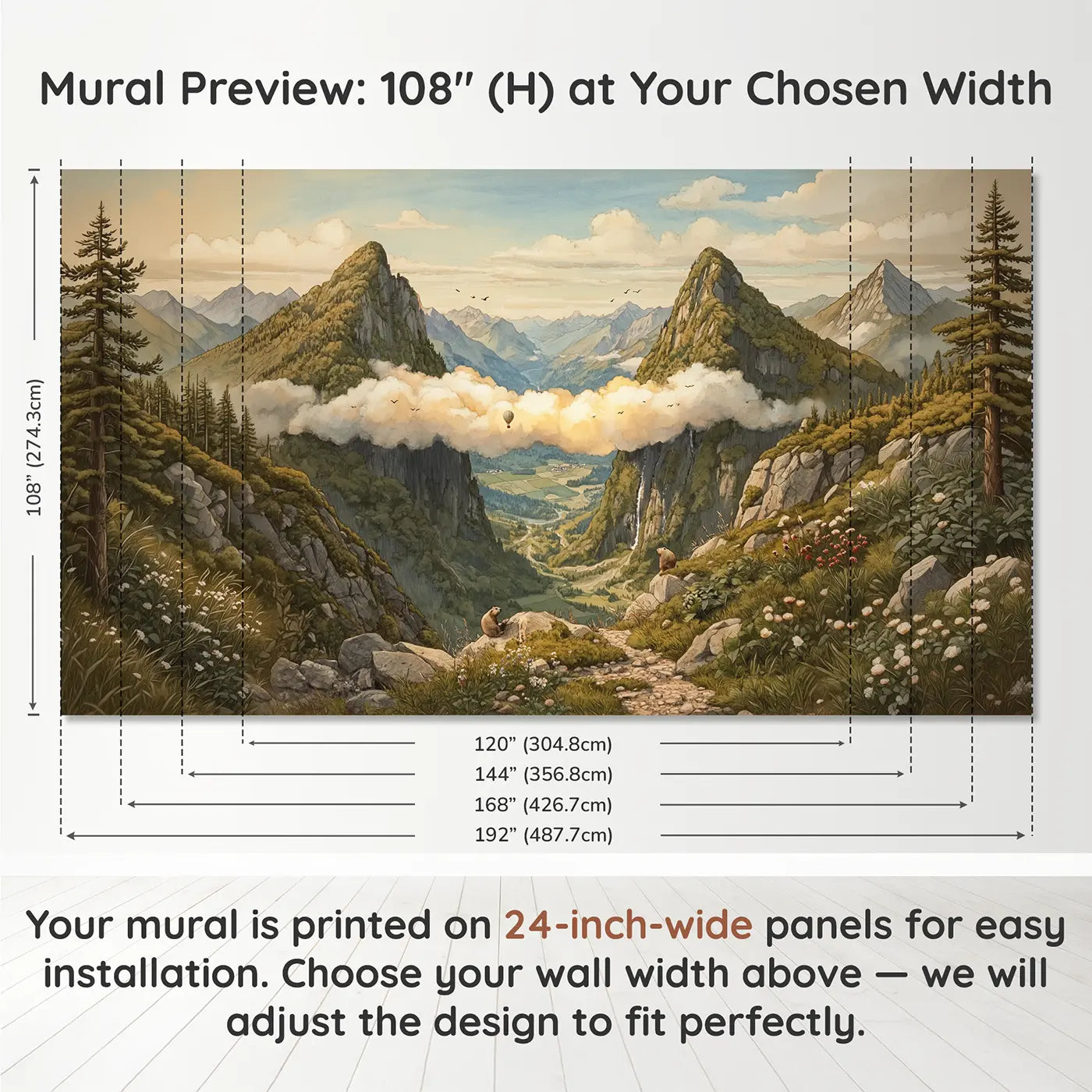 Panel layout and dimensions for Cloud Bridge Mountain Peaks Wallpaper Mural by Whimsy Tots