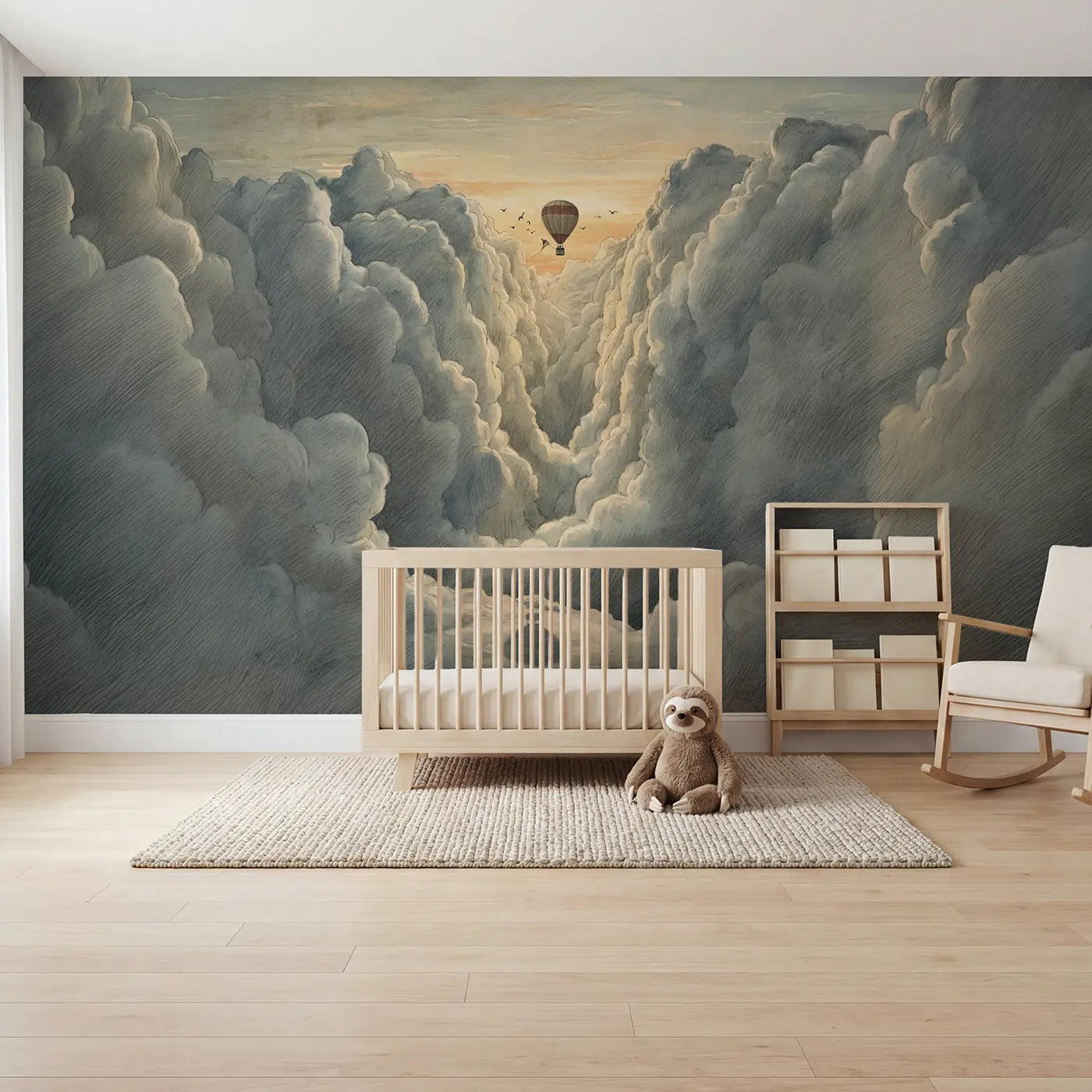 Storybook hot air balloon and cloud sky wallpaper mural for kids room by Whimsy Tots
