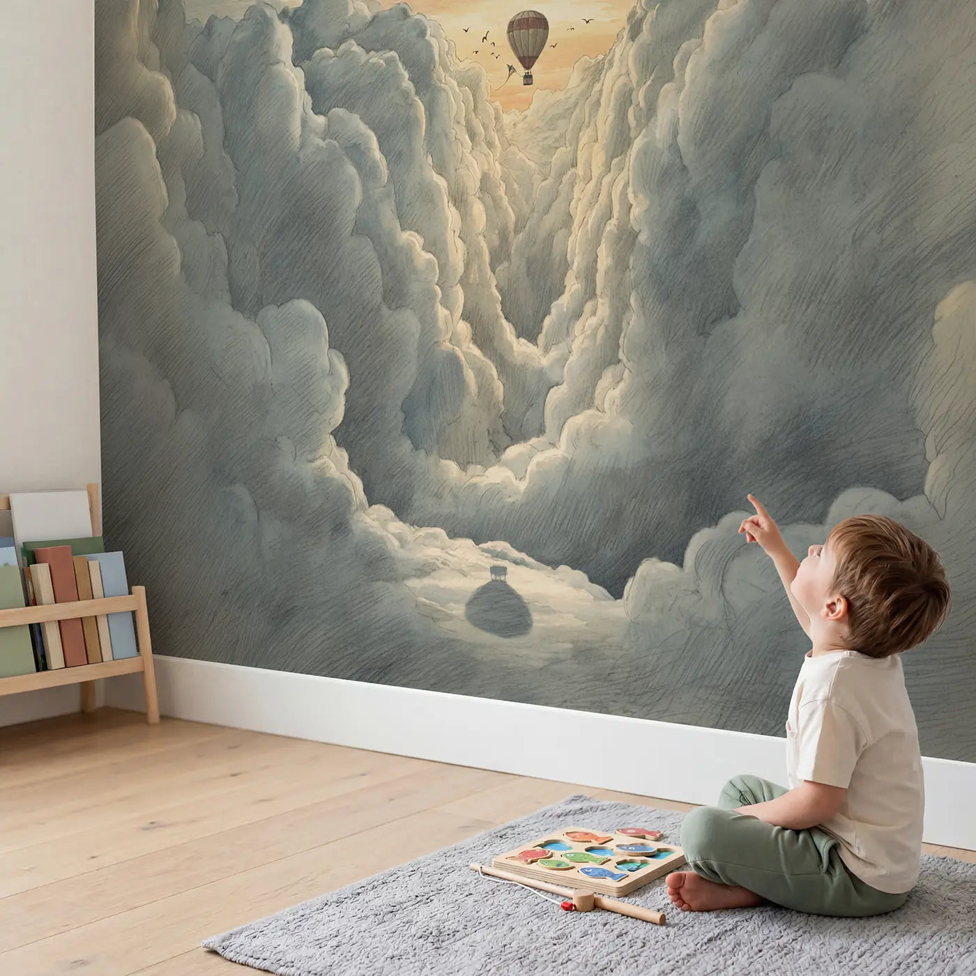 Child in nursery with Cloud Canyon Balloon Wallpaper Mural by Whimsy Tots