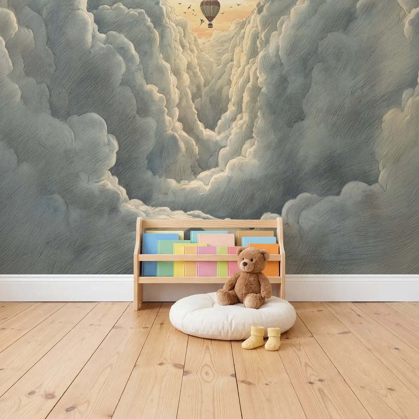 Cloud Canyon Balloon Wallpaper Mural in playroom setting by Whimsy Tots