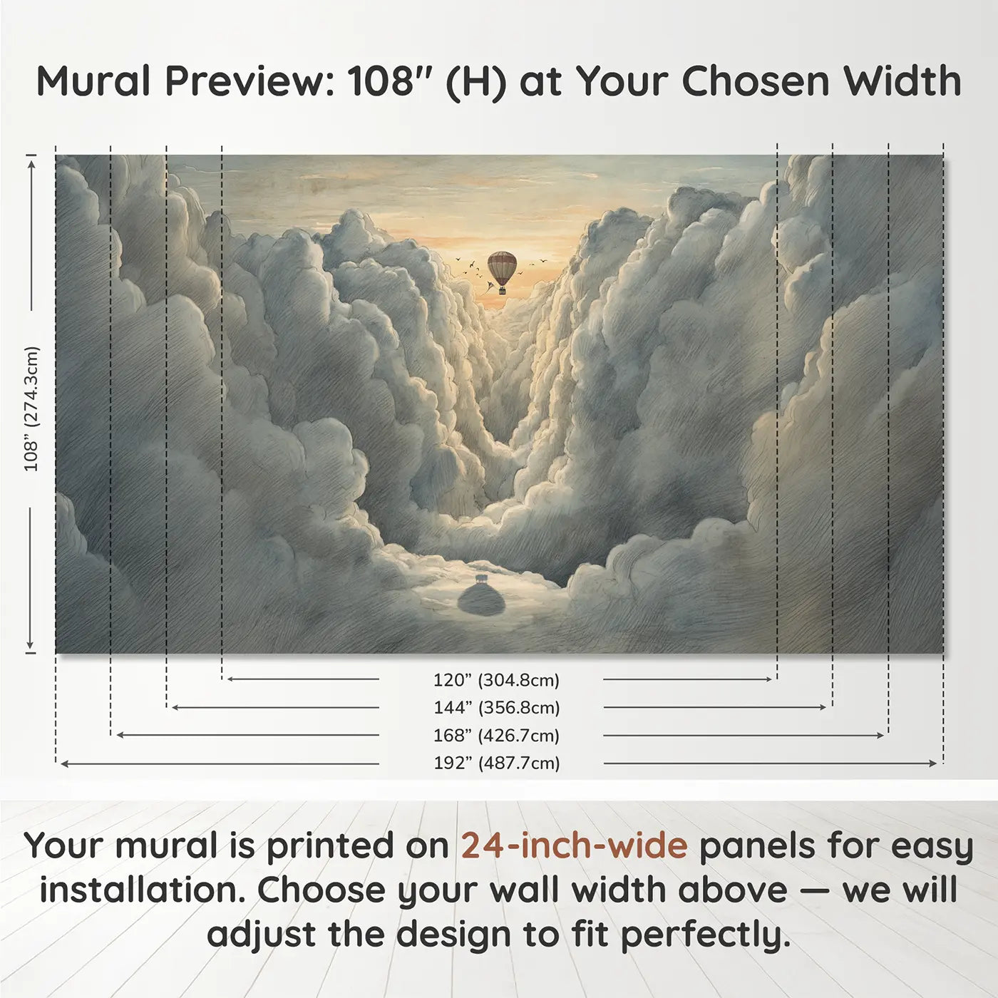 Panel layout and dimensions for Cloud Canyon Balloon Wallpaper Mural by Whimsy Tots