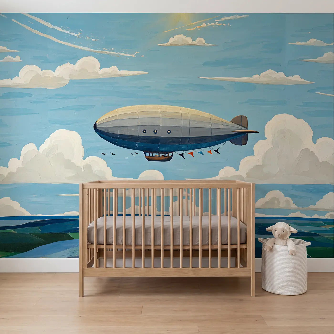 Modern illustration vintage airship clouds wallpaper mural for kids room by Whimsy Tots