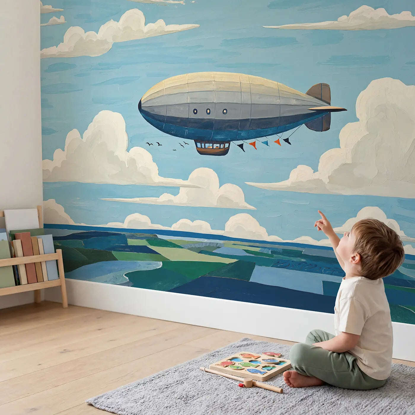 Child in nursery with Vintage Airship Cruising Wallpaper Mural by Whimsy Tots