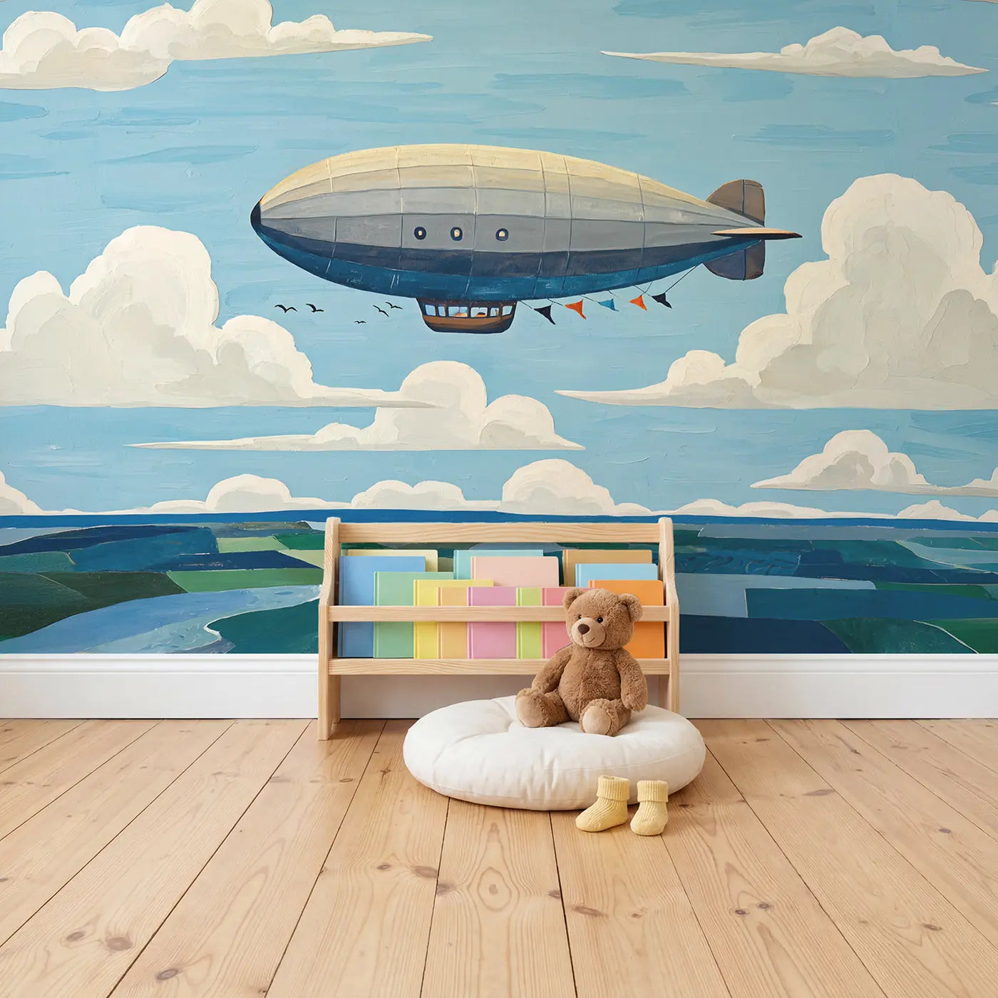 Vintage Airship Cruising Wallpaper Mural in playroom setting by Whimsy Tots
