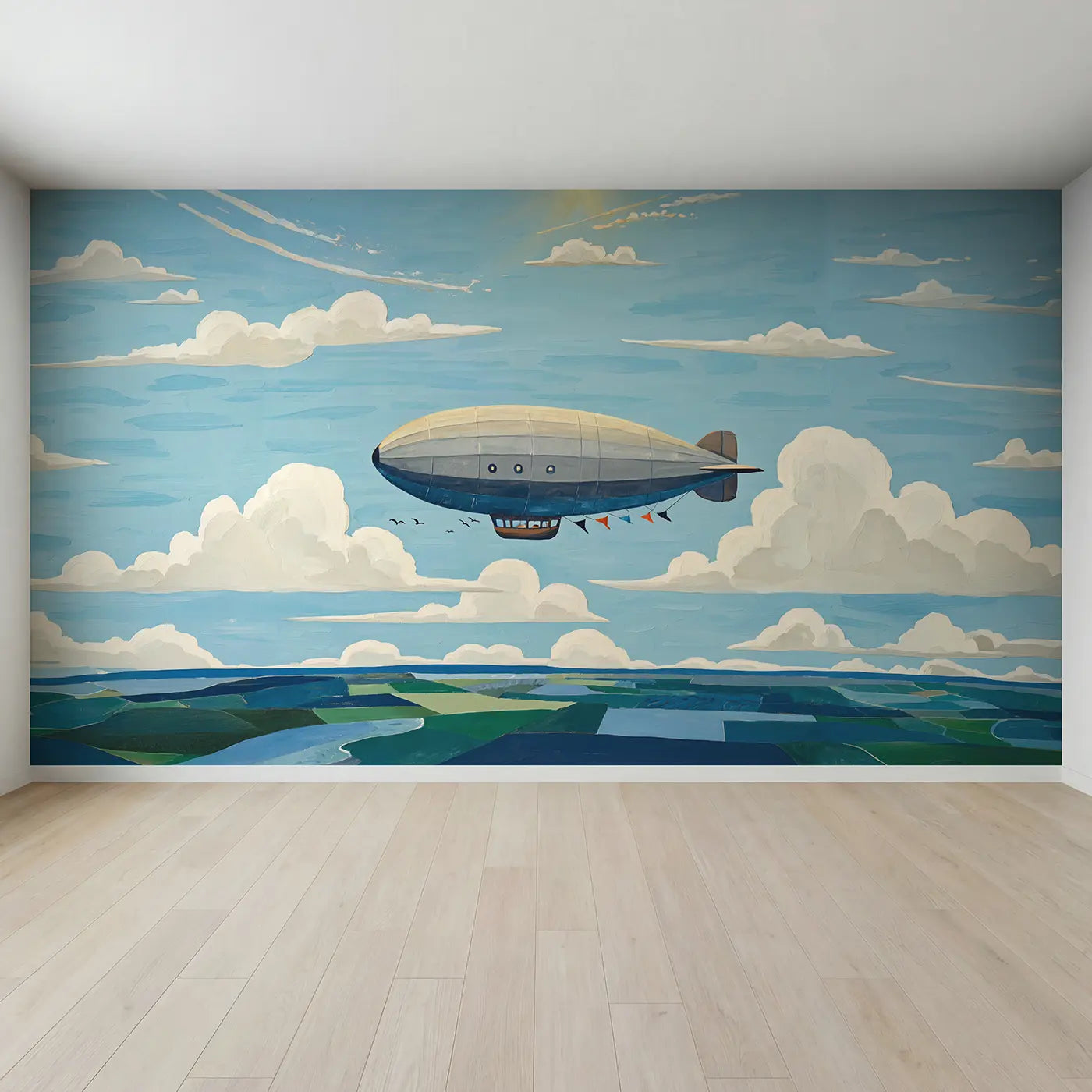 Full view of Vintage Airship Cruising Wallpaper Mural by Whimsy Tots