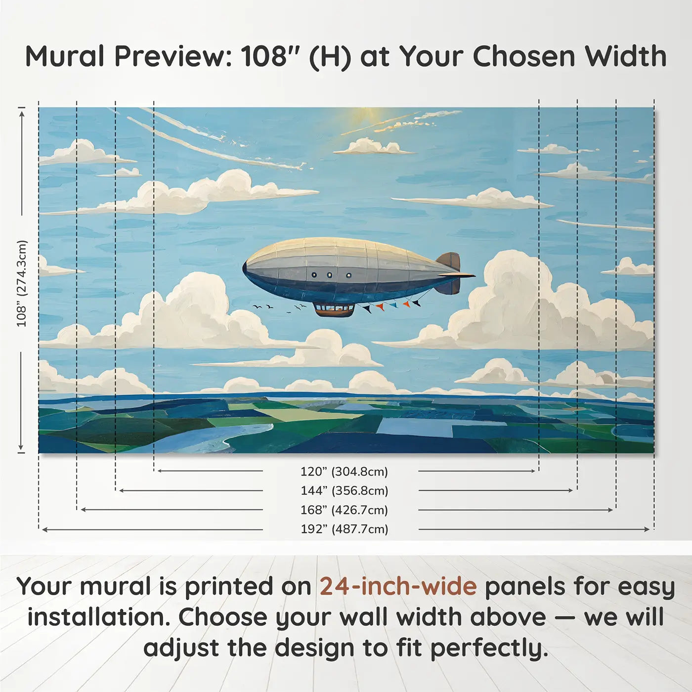 Panel layout and dimensions for Vintage Airship Cruising Wallpaper Mural by Whimsy Tots