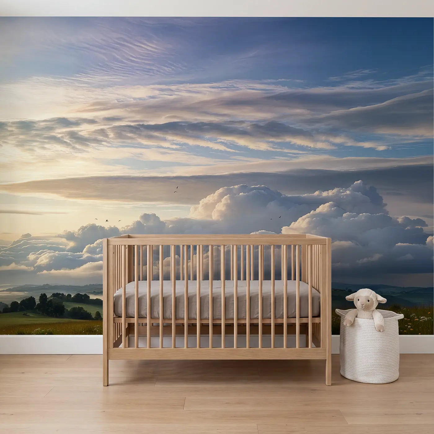 Soft pastel cloud and sun wallpaper mural for kids room by Whimsy Tots