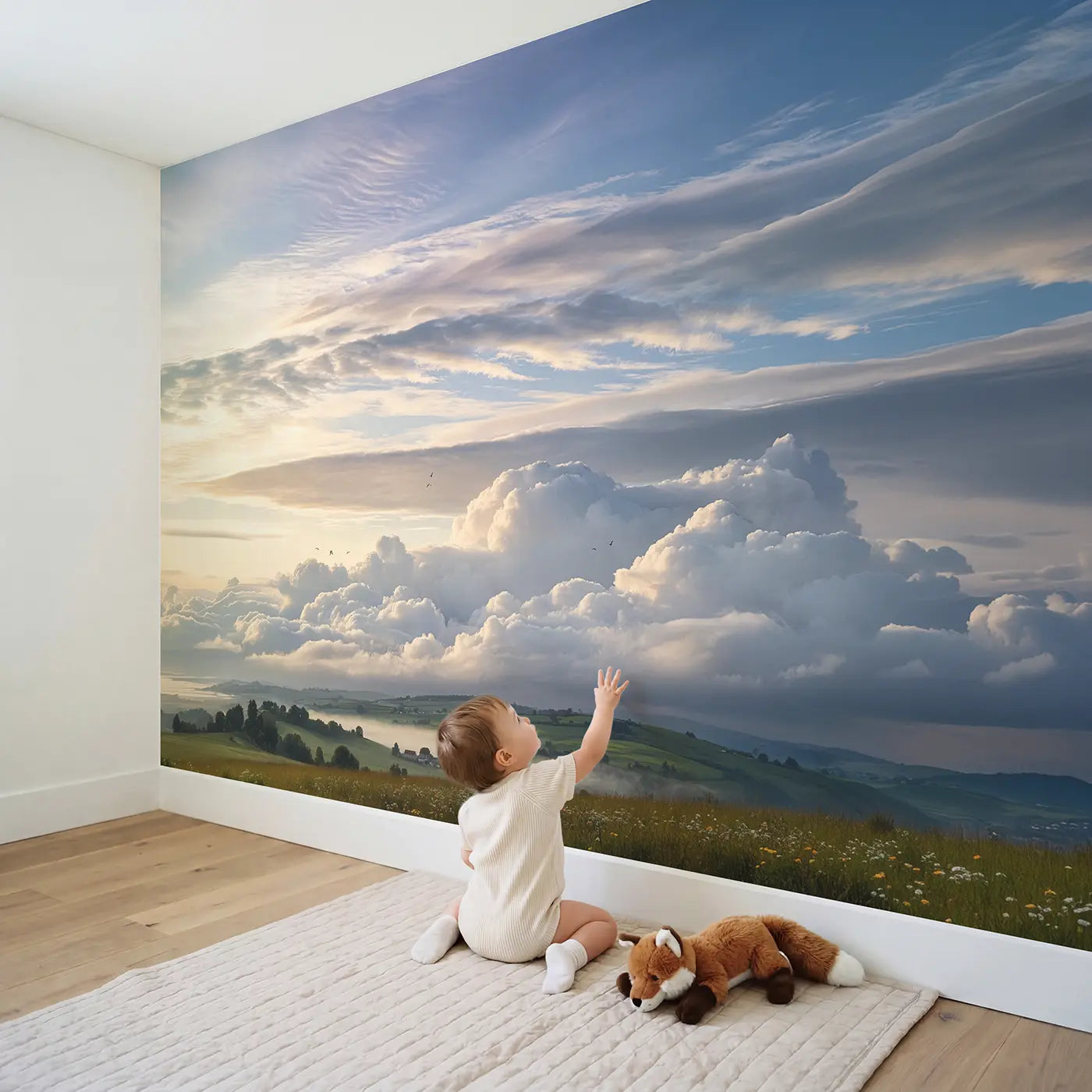 Child in nursery with Cloud Layer Cake Sky Wallpaper Mural by Whimsy Tots