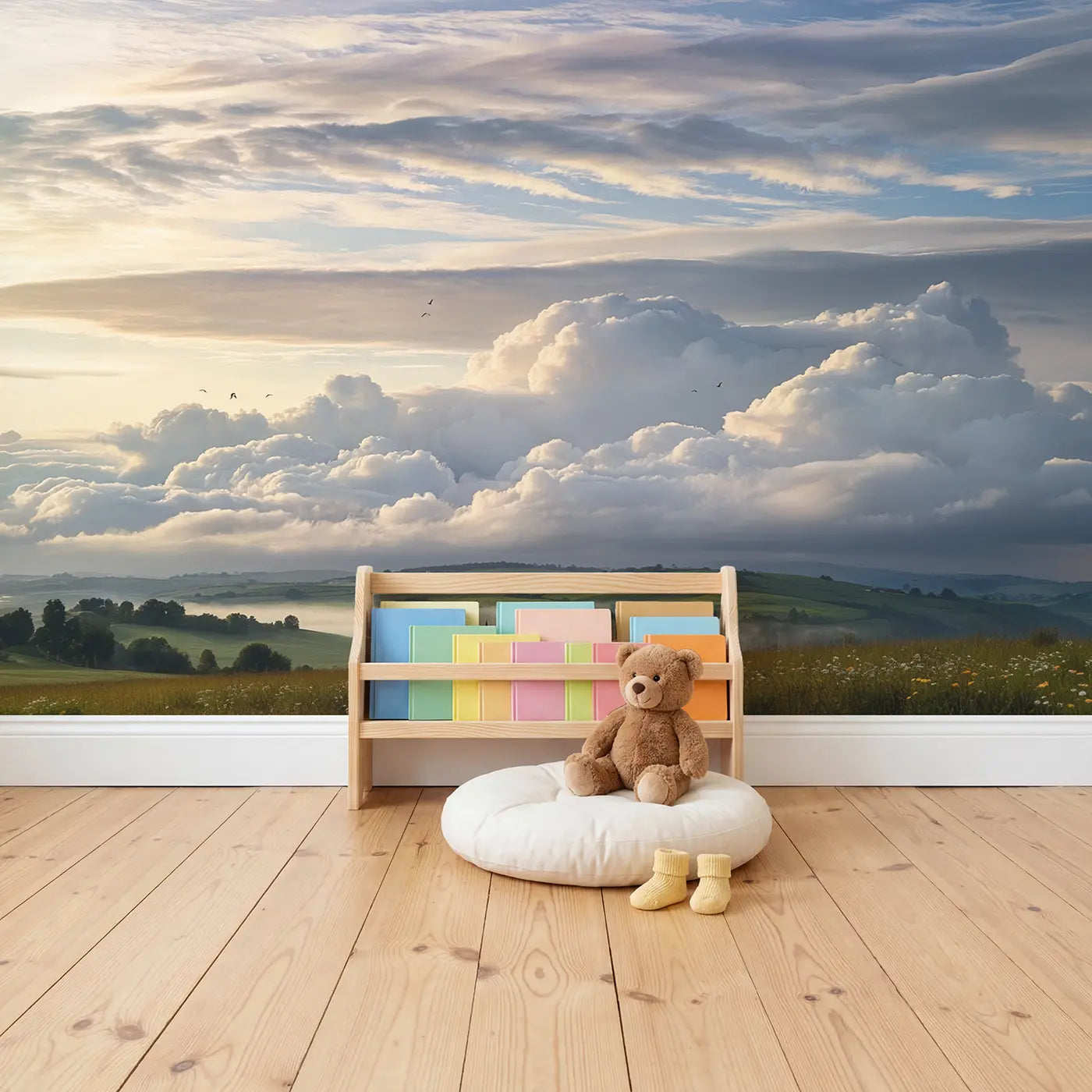 Cloud Layer Cake Sky Wallpaper Mural in playroom setting by Whimsy Tots