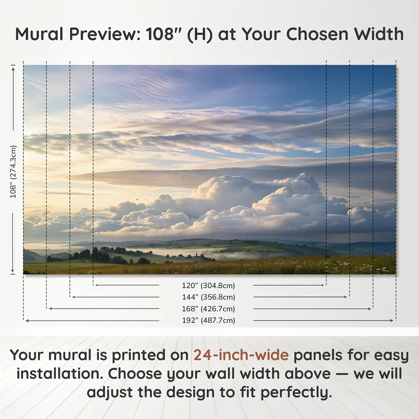 Panel layout and dimensions for Cloud Layer Cake Sky Wallpaper Mural by Whimsy Tots