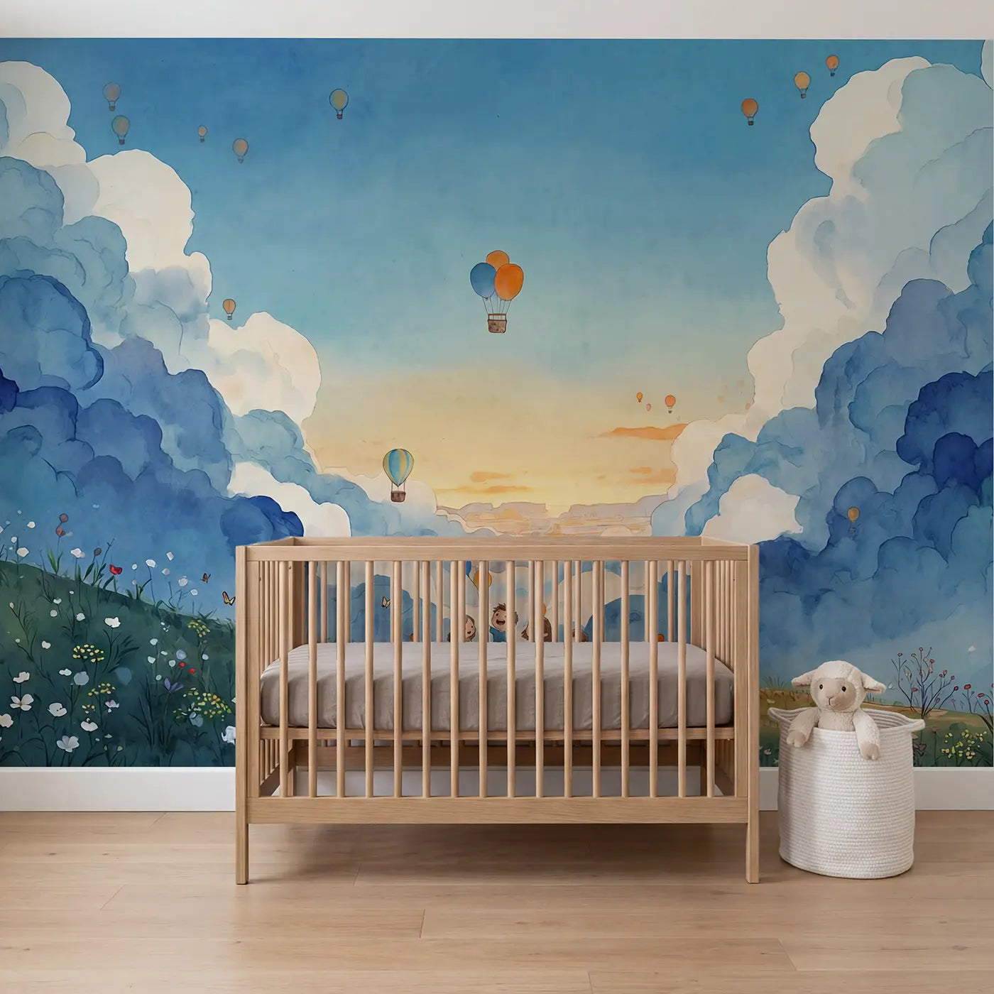 Watercolor hot air balloons clouds sky wallpaper mural for nursery by Whimsy Tots