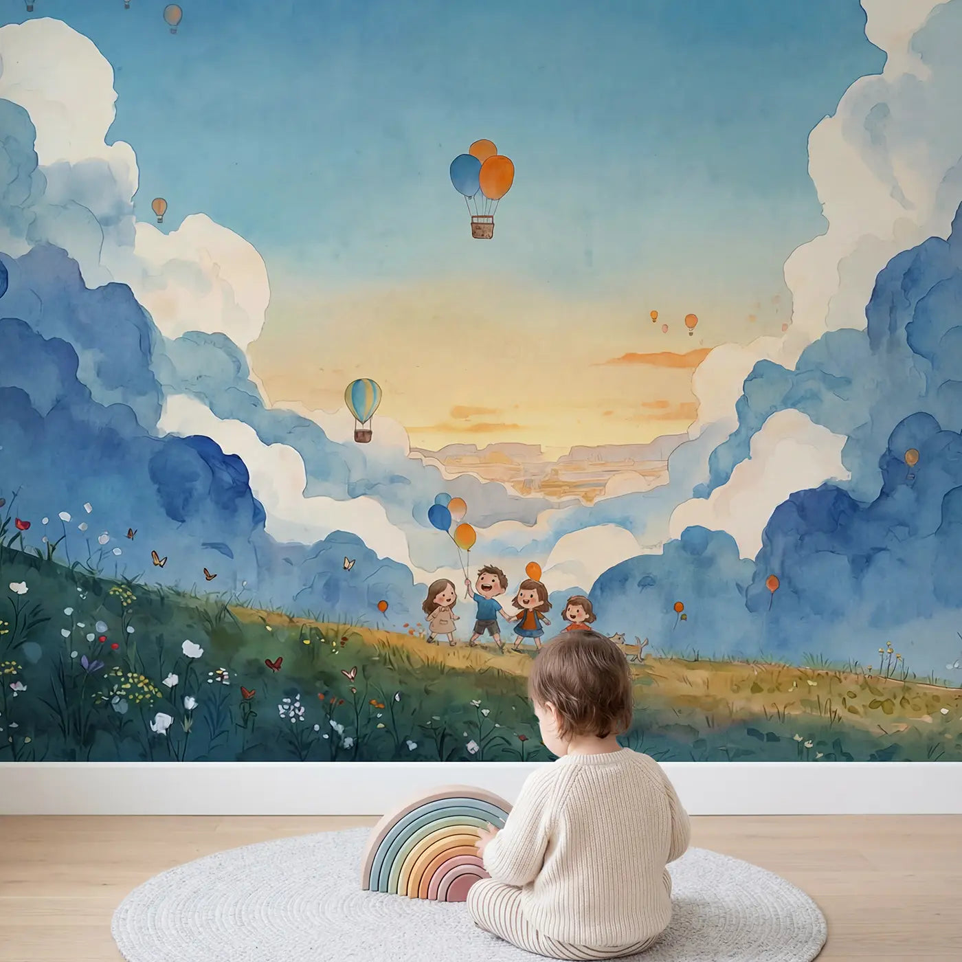 Child in nursery with Balloon Chase Cumulus Canyon Wallpaper Mural by Whimsy Tots