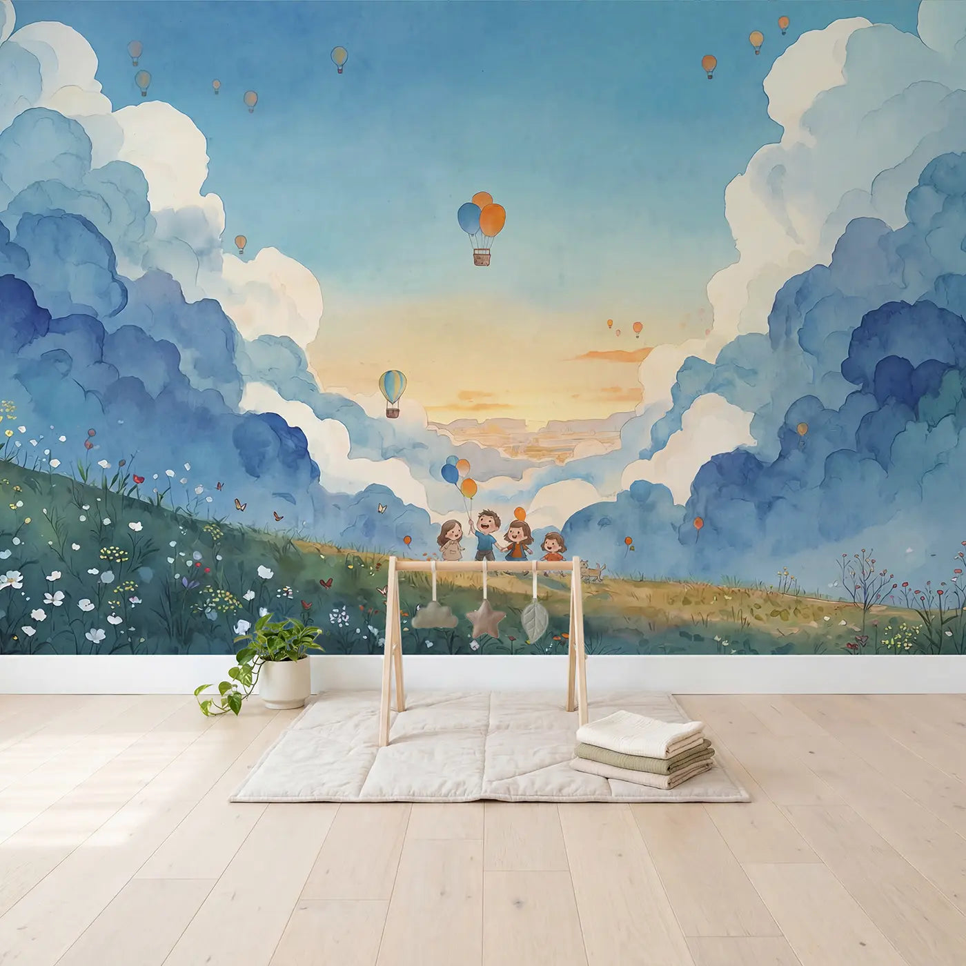 Balloon Chase Cumulus Canyon Wallpaper Mural in playroom setting by Whimsy Tots