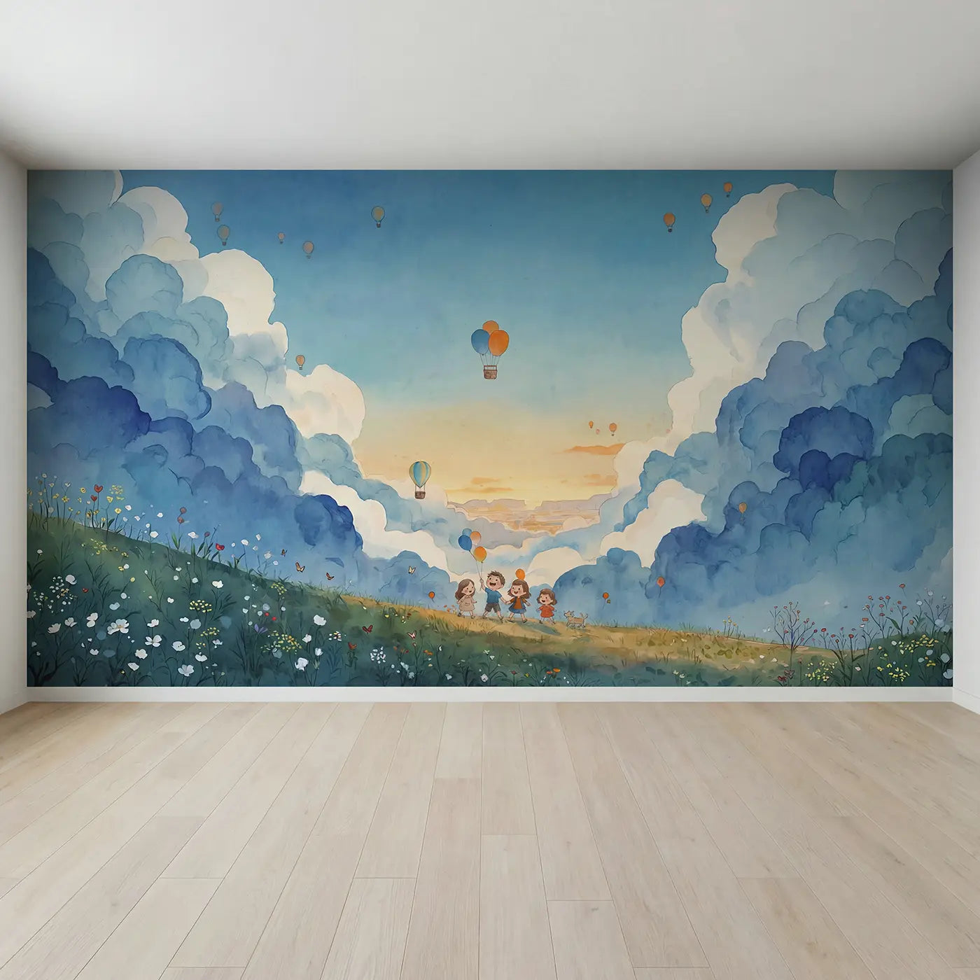 Full view of Balloon Chase Cumulus Canyon Wallpaper Mural by Whimsy Tots