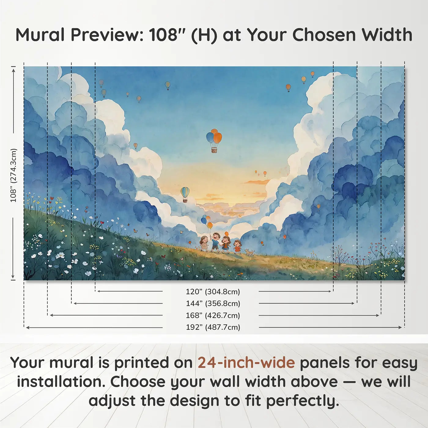 Panel layout and dimensions for Balloon Chase Cumulus Canyon Wallpaper Mural by Whimsy Tots