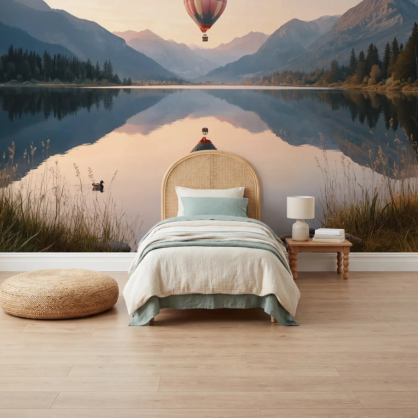 Soft pastel balloons over mountain lake wallpaper mural for kids room by Whimsy Tots