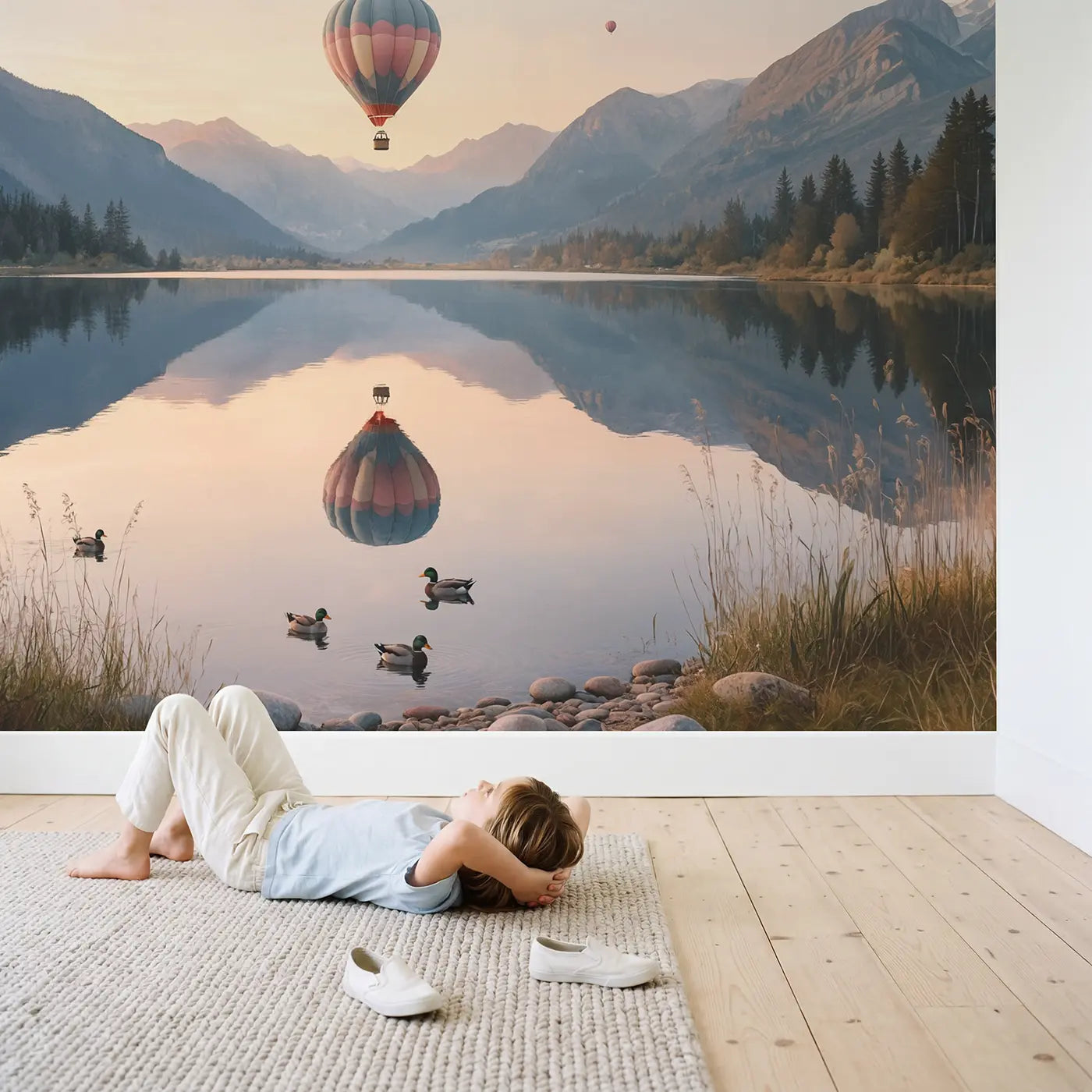 Child in nursery with Balloon Lake Reflection Wallpaper Mural by Whimsy Tots