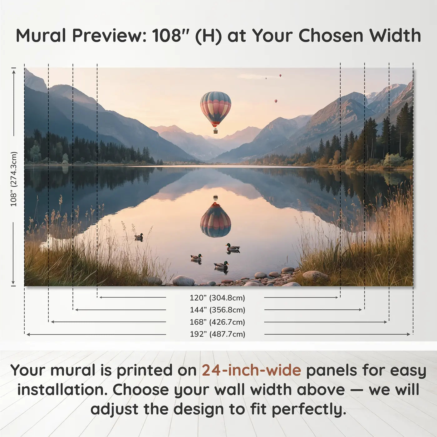 Panel layout and dimensions for Balloon Lake Reflection Wallpaper Mural by Whimsy Tots