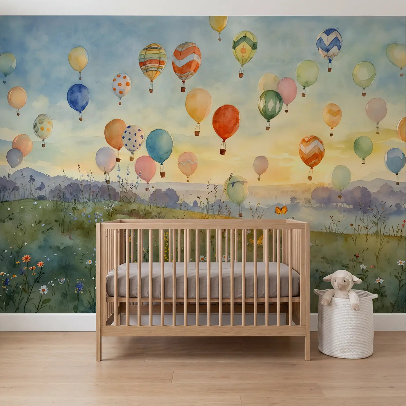 watercolor hot air balloons sunrise sky wallpaper mural for nursery by Whimsy Tots