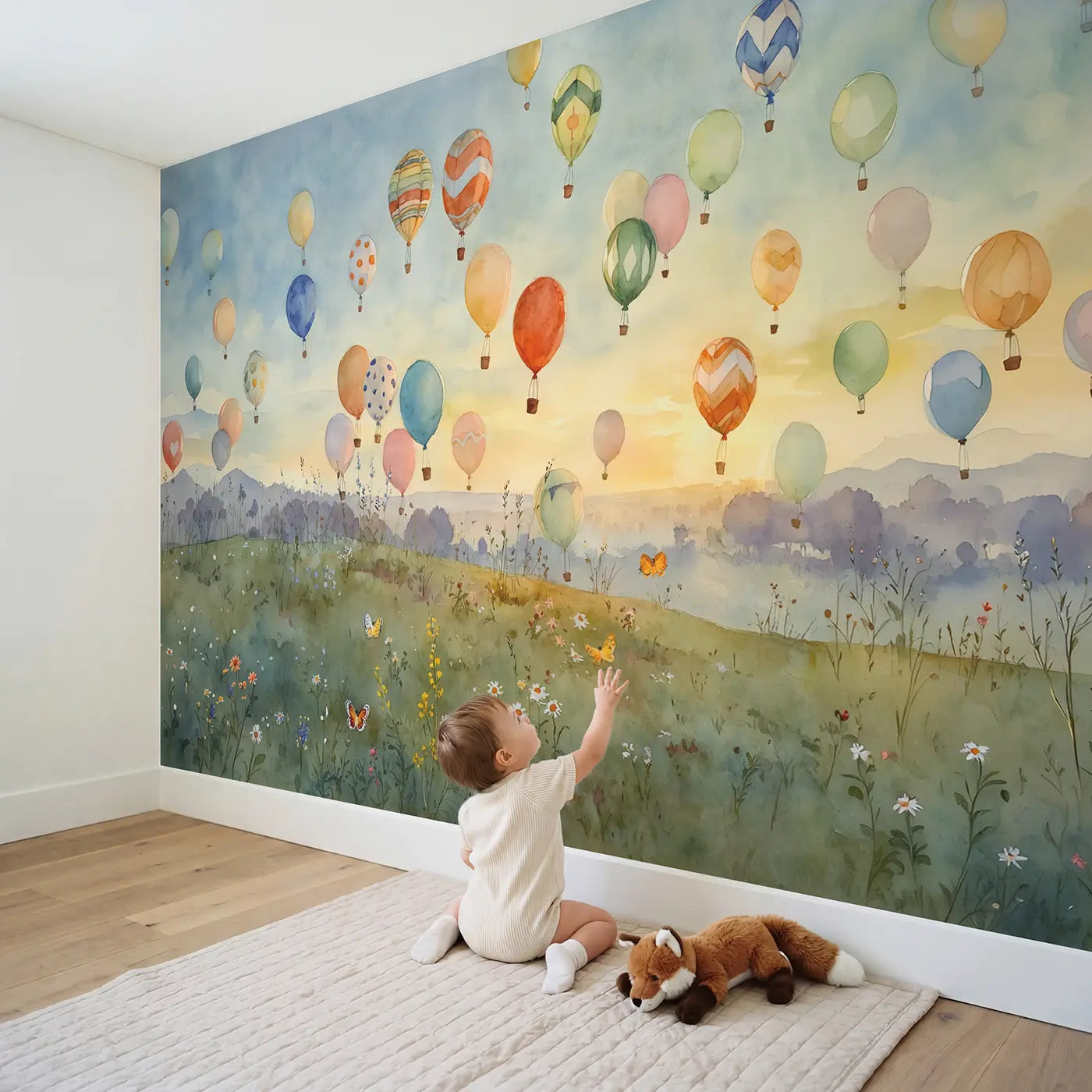 Child in nursery with Fleet Balloons Racing Sunrise Wallpaper Mural by Whimsy Tots
