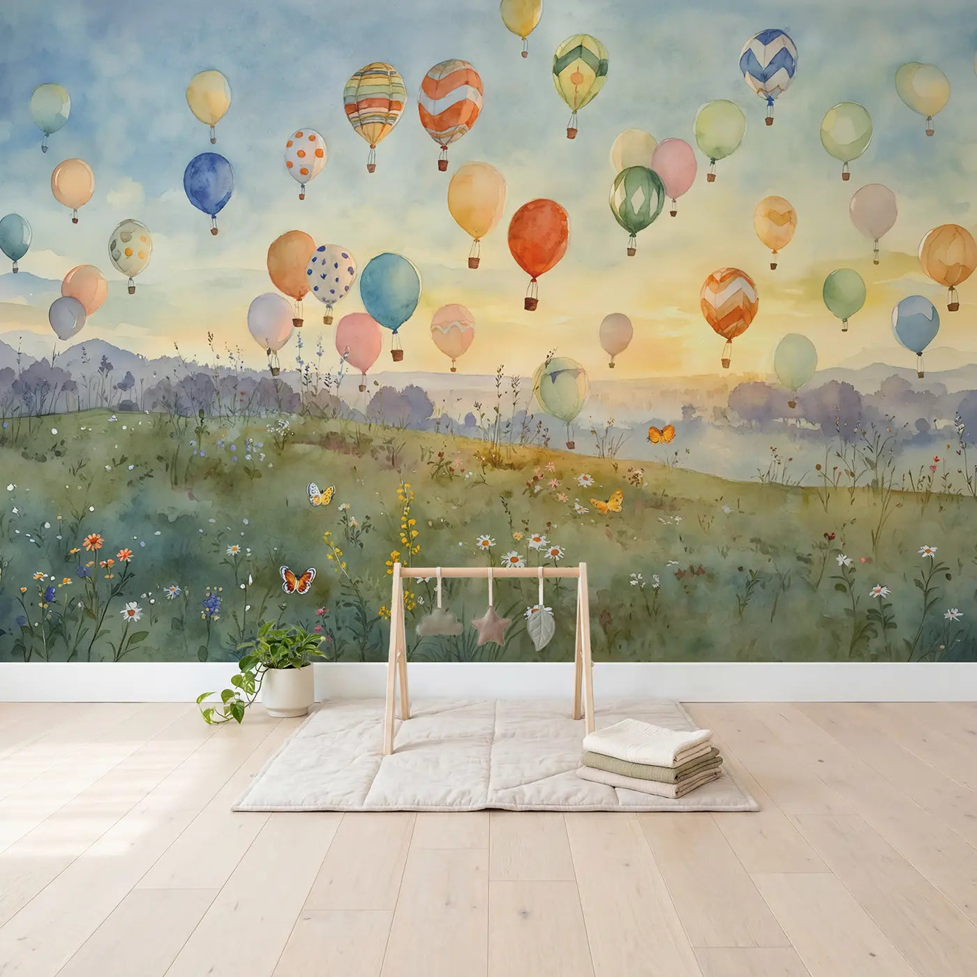 Fleet Balloons Racing Sunrise Wallpaper Mural in playroom setting by Whimsy Tots