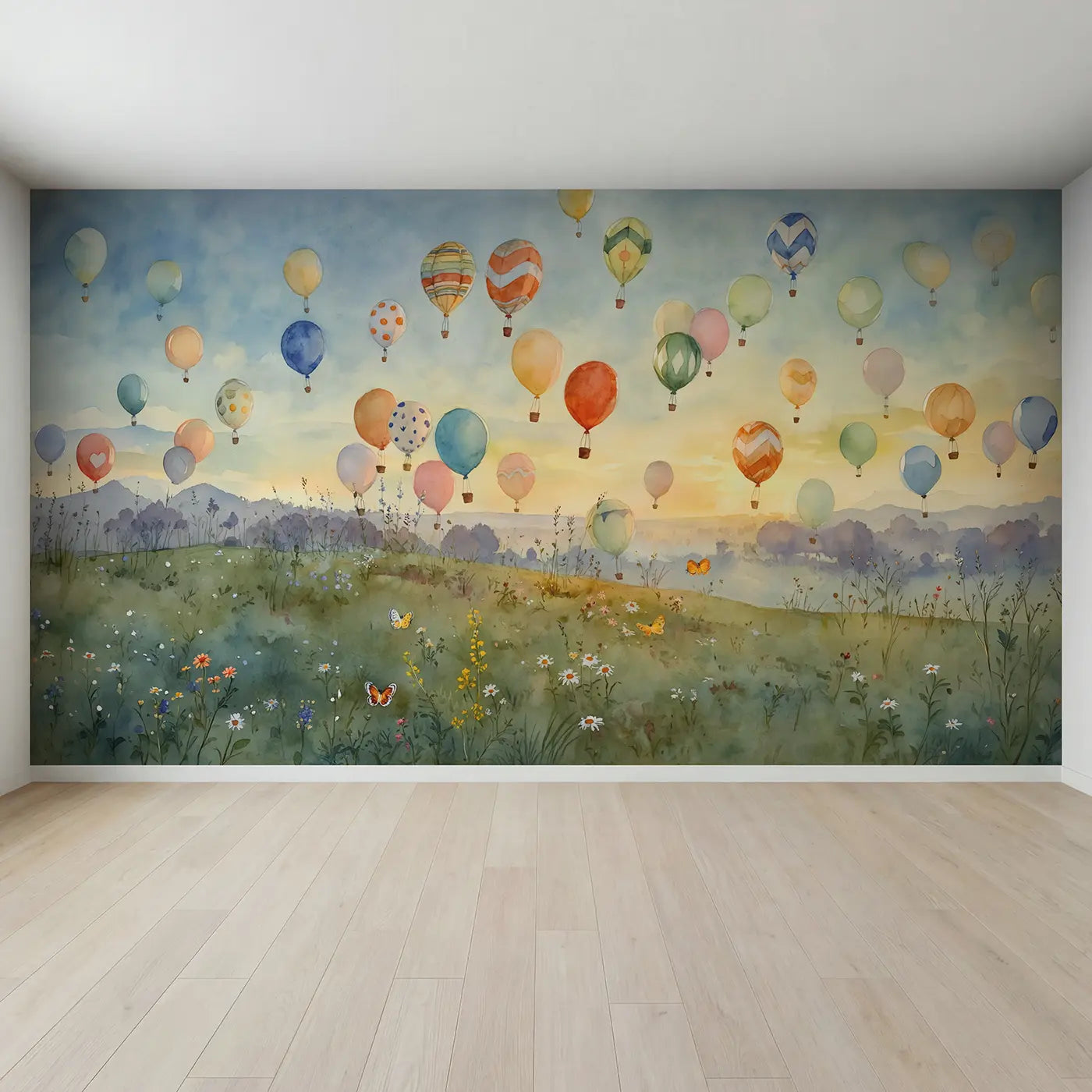 Full view of Fleet Balloons Racing Sunrise Wallpaper Mural by Whimsy Tots