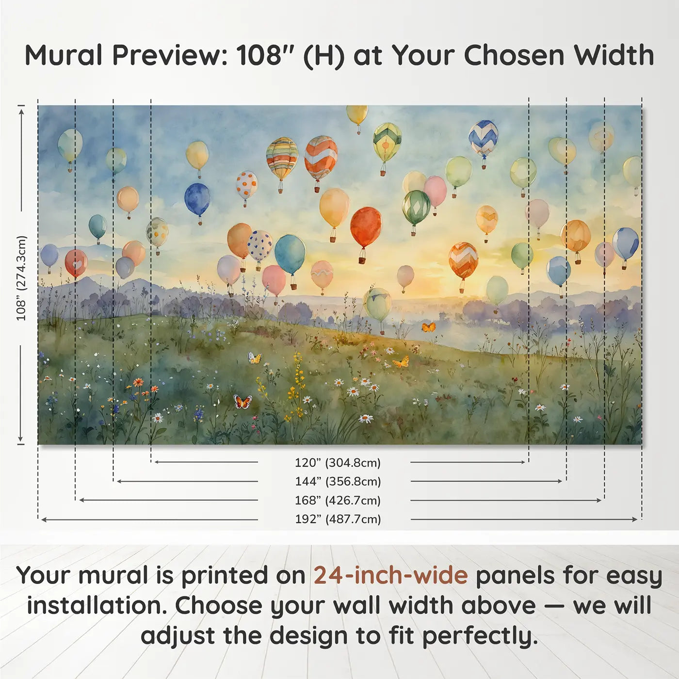 Panel layout and dimensions for Fleet Balloons Racing Sunrise Wallpaper Mural by Whimsy Tots