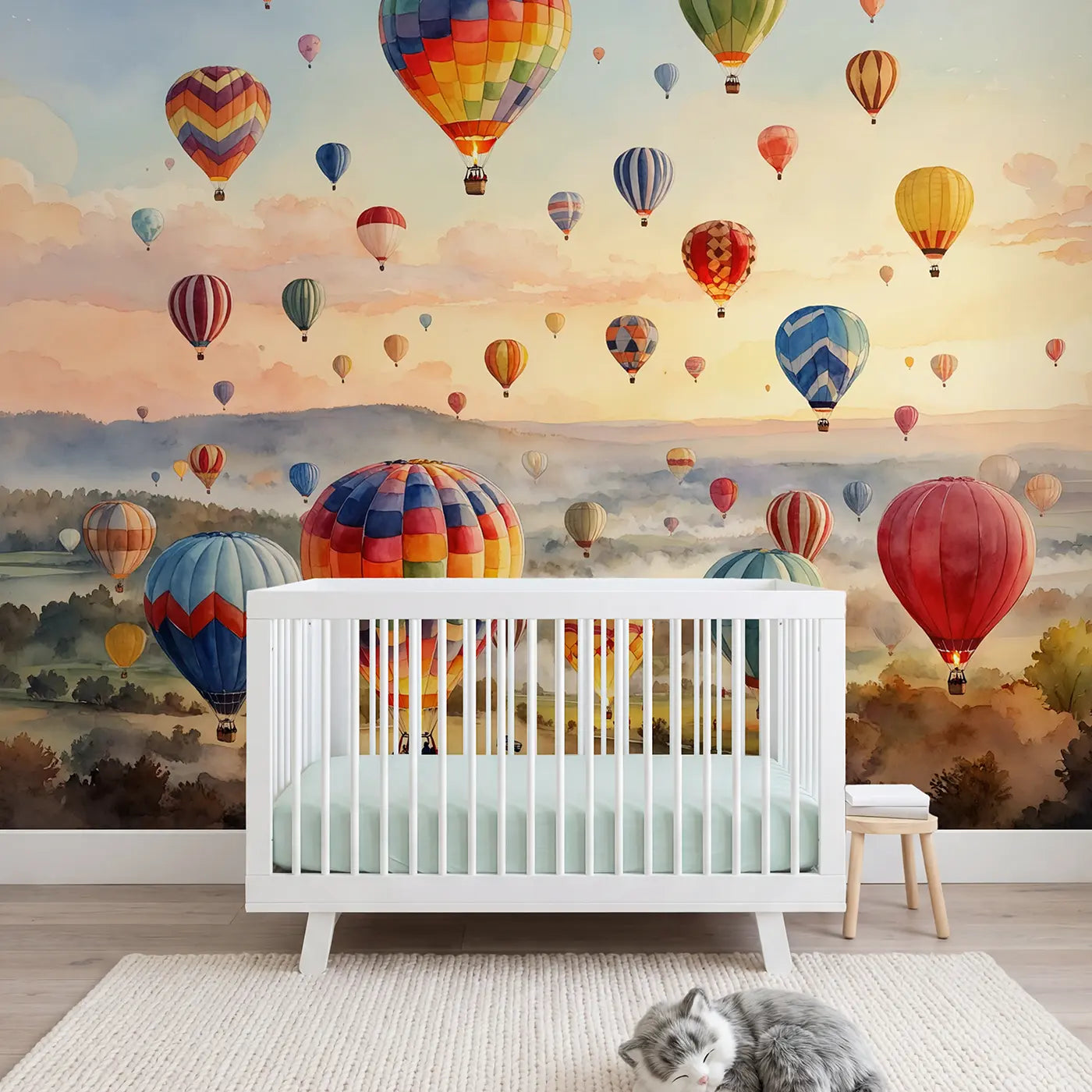 watercolor hot air balloon sky mural for girls room by Whimsy Tots