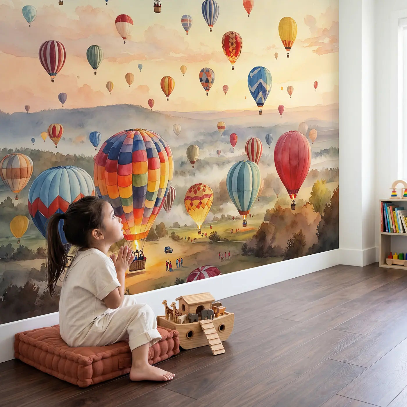 Child in nursery with Balloon Festival Morning Ascension Wallpaper Mural by Whimsy Tots