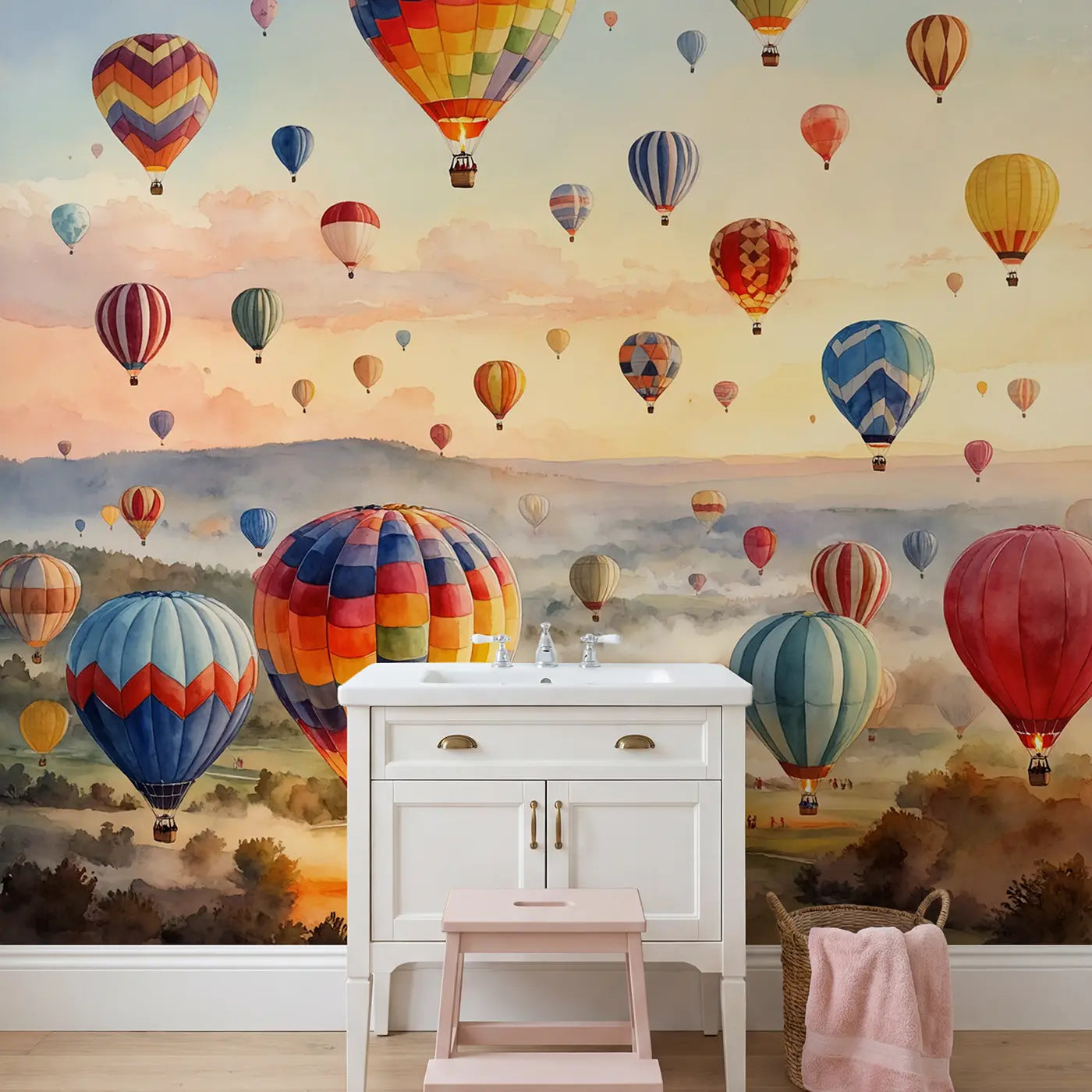 Balloon Festival Morning Ascension Wallpaper Mural in playroom setting by Whimsy Tots