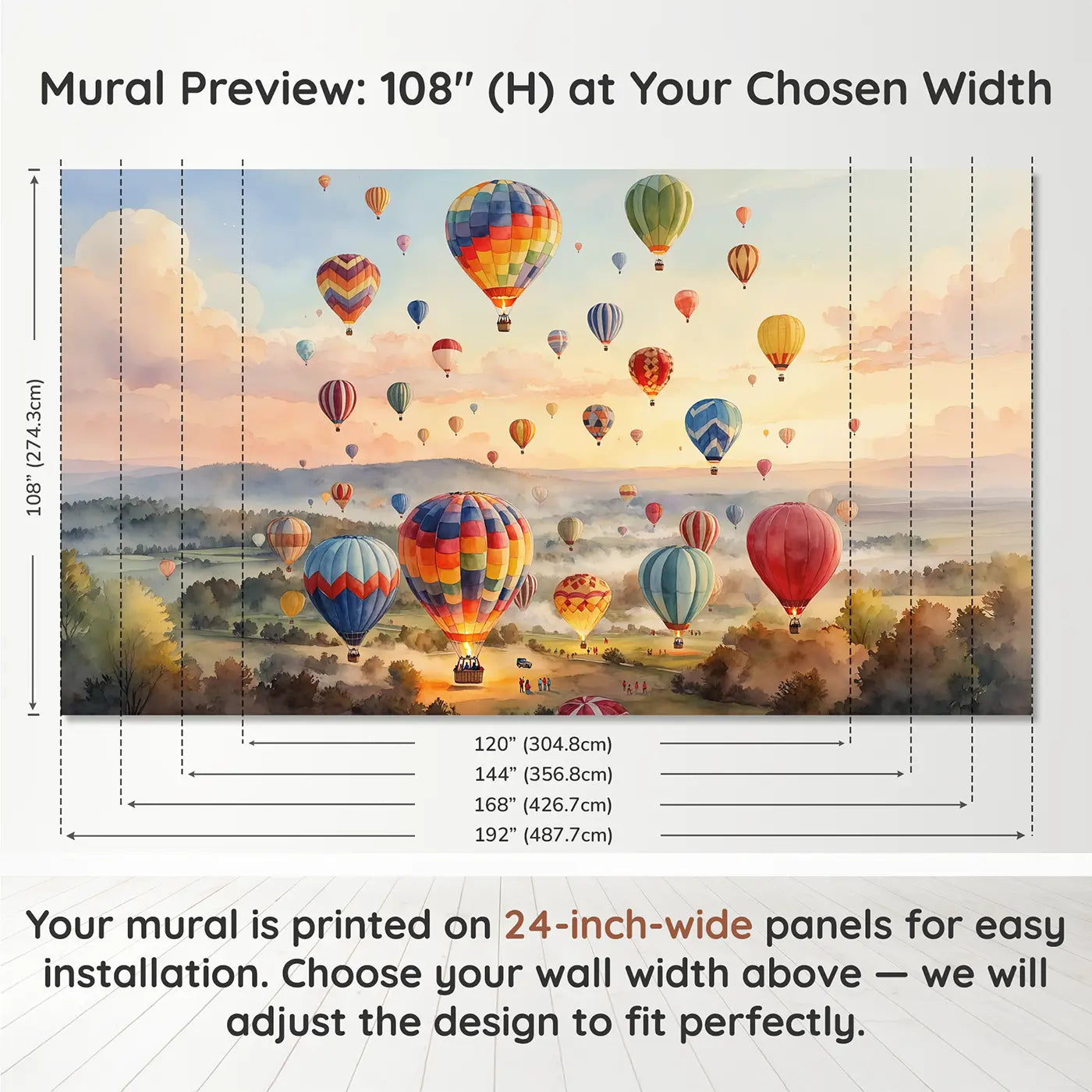 Panel layout and dimensions for Balloon Festival Morning Ascension Wallpaper Mural by Whimsy Tots