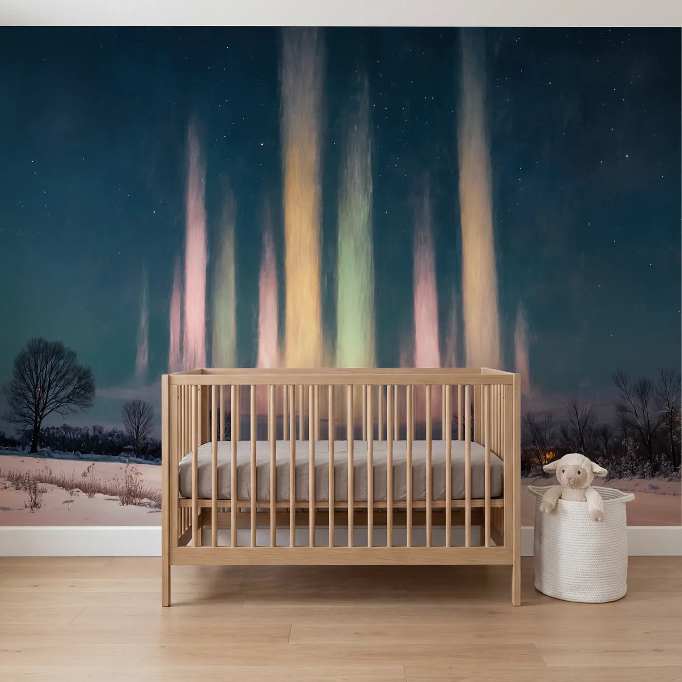 Soft Pastel winter light pillar night sky wallpaper mural for nursery by Whimsy Tots
