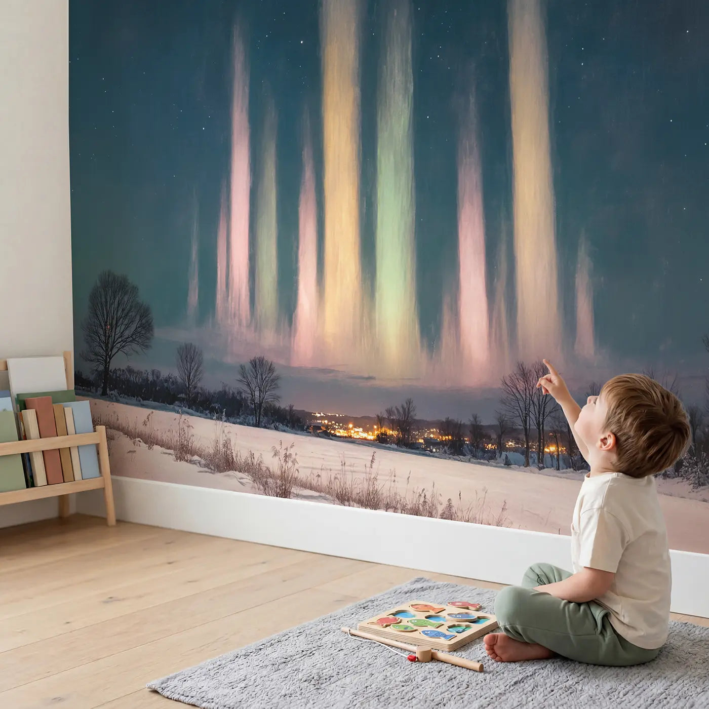Child in nursery with Winter Light Pillar Night Sky Wallpaper Mural by Whimsy Tots