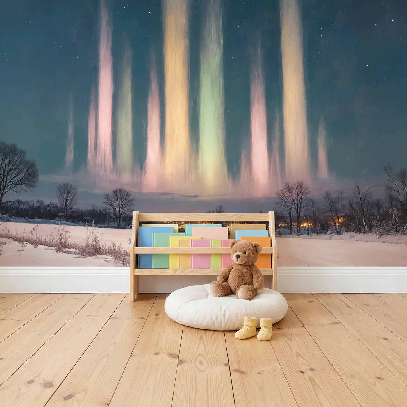 Winter Light Pillar Night Sky Wallpaper Mural in playroom setting by Whimsy Tots