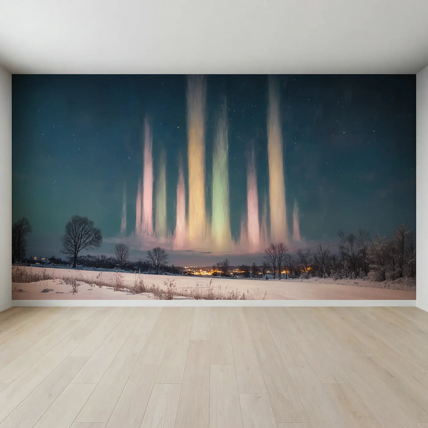 Full view of Winter Light Pillar Night Sky Wallpaper Mural by Whimsy Tots