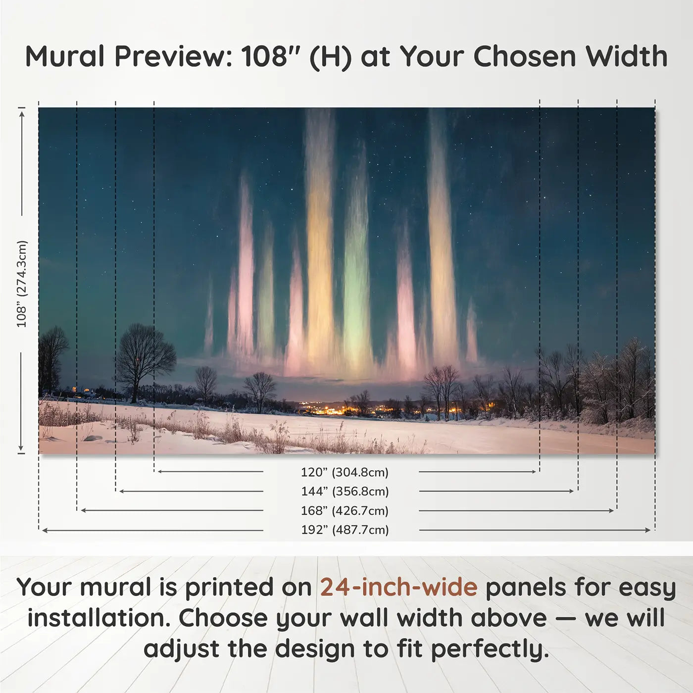 Panel layout and dimensions for Winter Light Pillar Night Sky Wallpaper Mural by Whimsy Tots