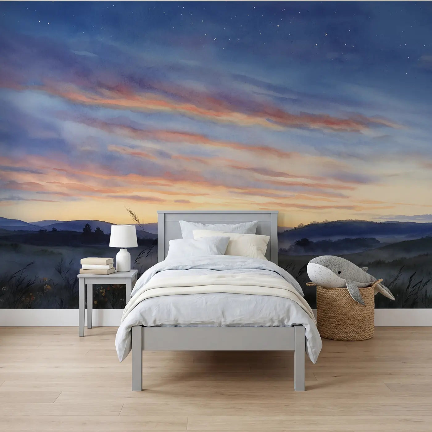 Watercolor twilight horizon gradient sky wallpaper mural for kids room by Whimsy Tots